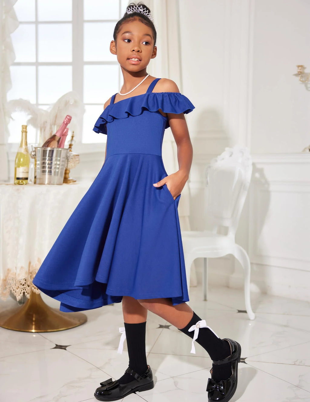 Oudiya Girls Off Shoulder Dress Flutter Sleeve Summer Midi Swing Dress with Pockets Formal Dress 4-13Y