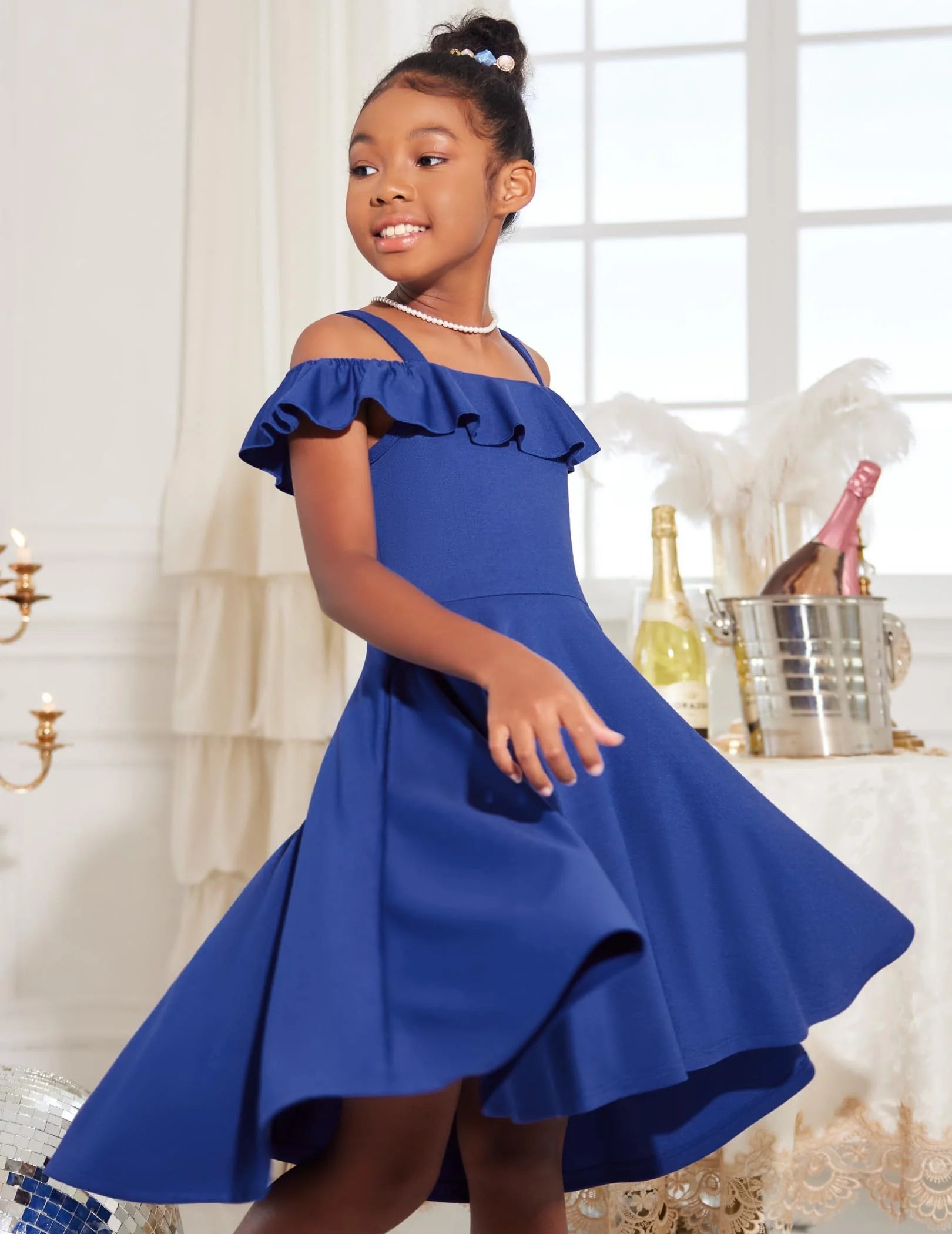 Oudiya Girls Off Shoulder Dress Flutter Sleeve Summer Midi Swing Dress with Pockets Formal Dress 4-13Y