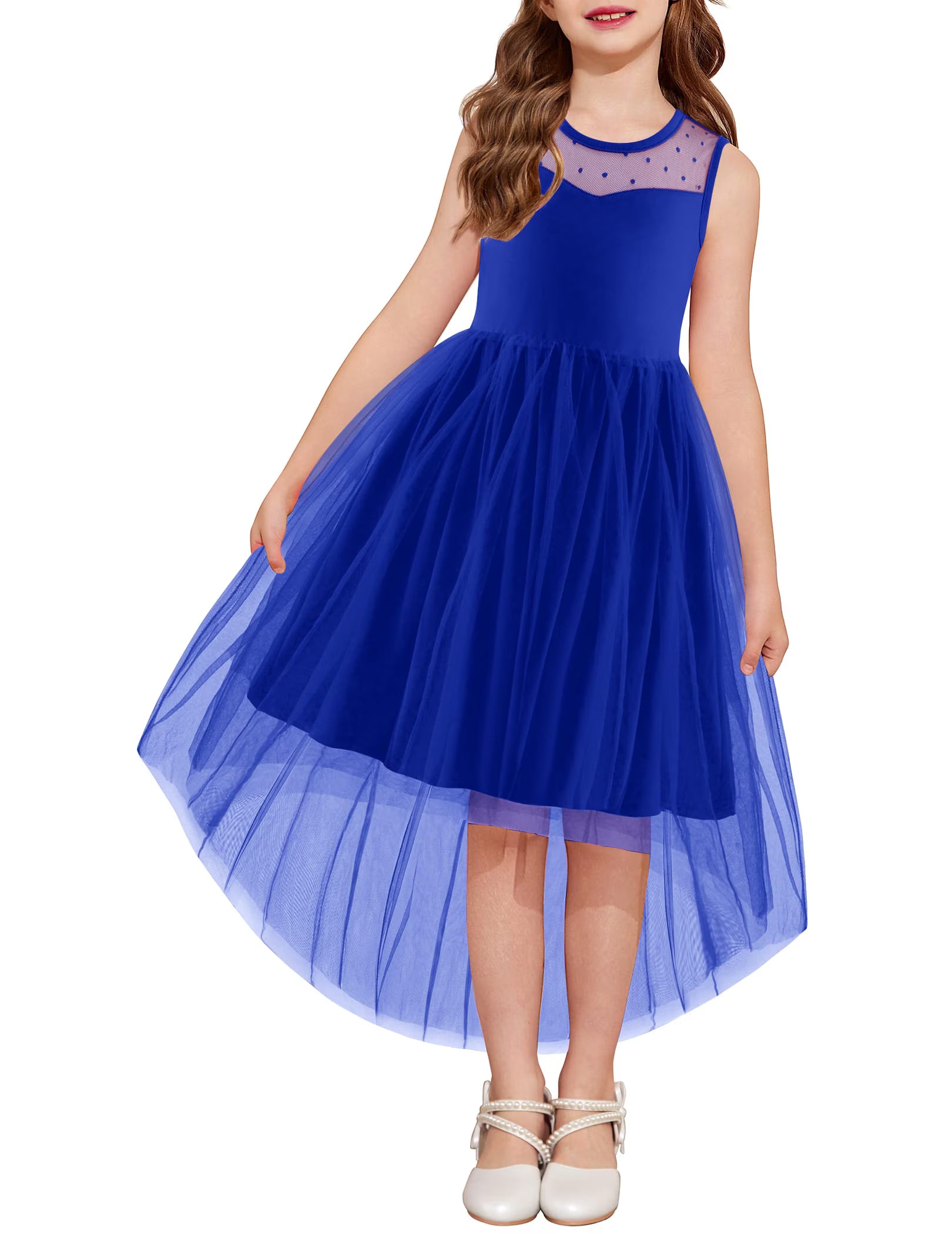 Oudiya Girls Formal Party Dresses Wedding Tulle Sleeveless Contrast Mesh High Low Flower Dress with Belt