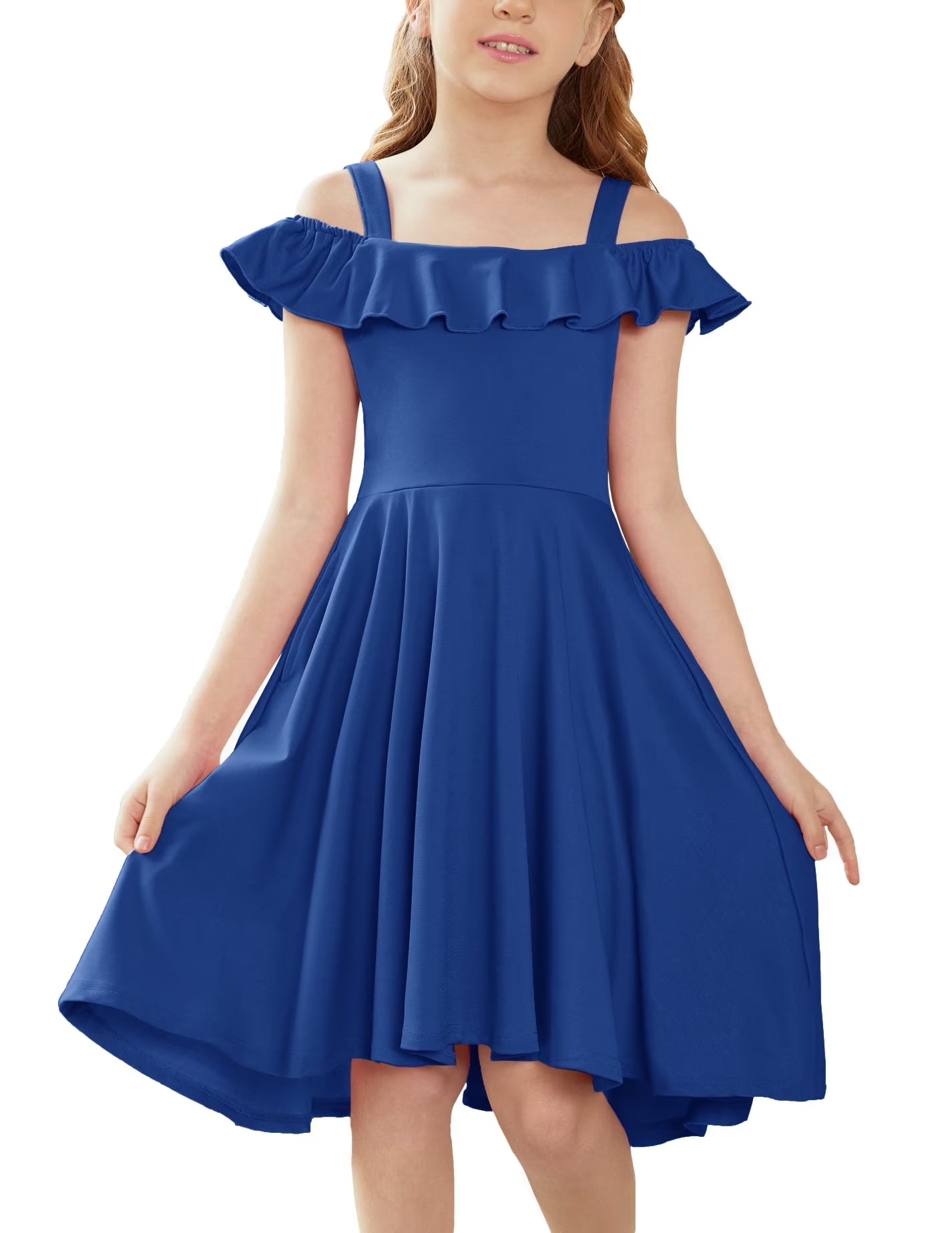 Oudiya Girls Off Shoulder Dress Flutter Sleeve Summer Midi Swing Dress with Pockets Formal Dress 4-13Y