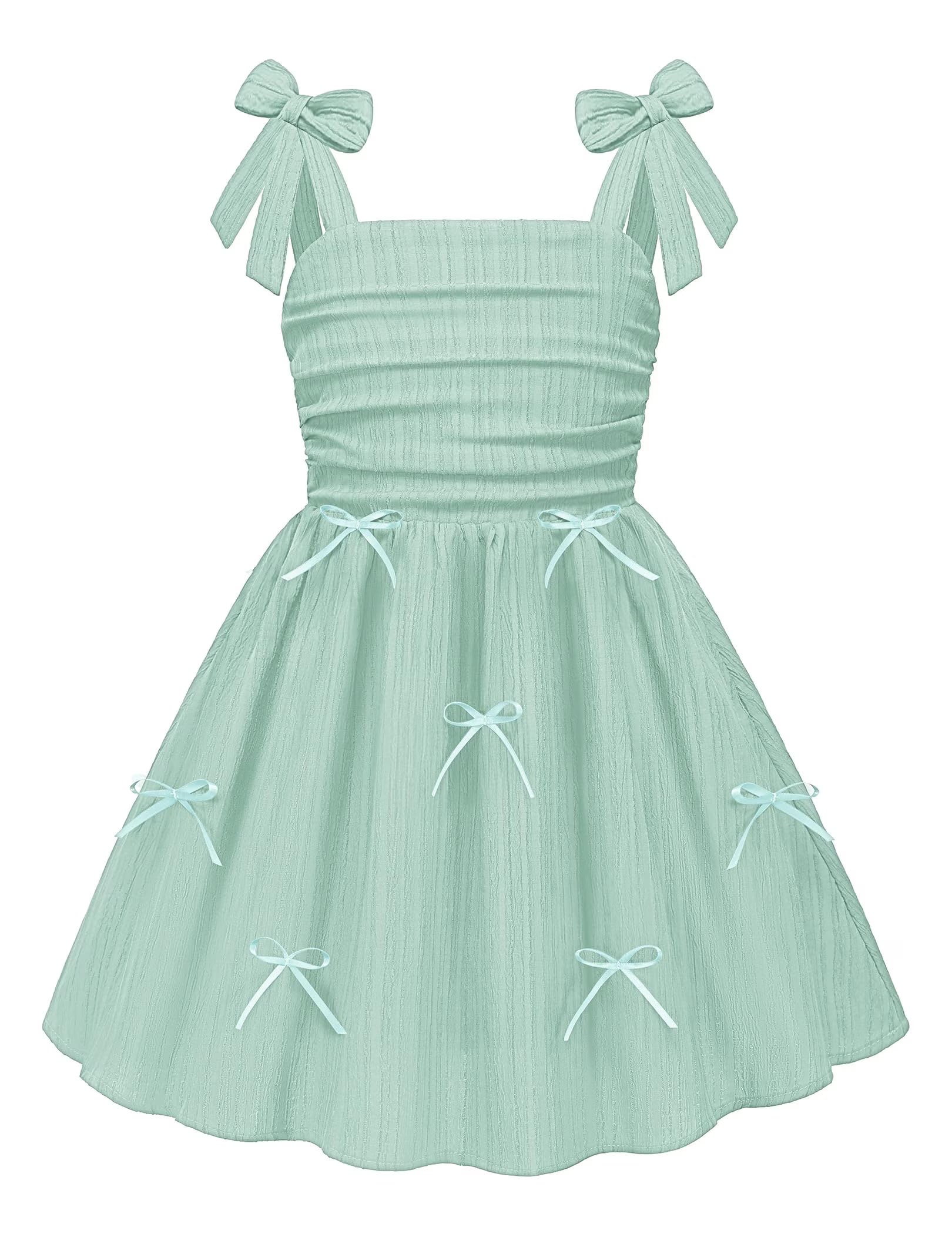 Oudiya Girls Summer Dreeses Spaghetti Strap Bow Ruched Smocked Back Boho Beach Party Sundress, 4-14Y