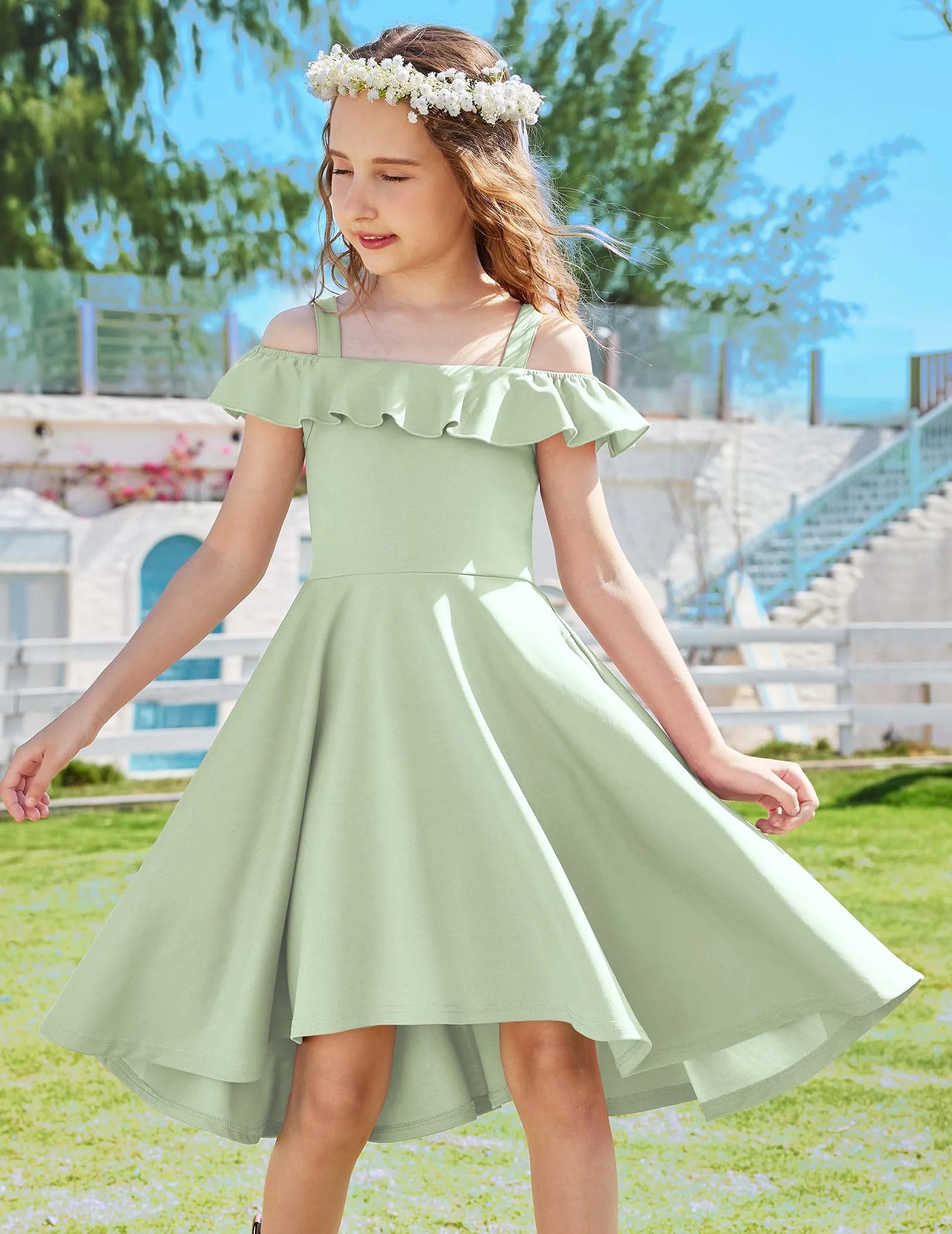 Oudiya Girls Off Shoulder Dress Flutter Sleeve Summer Midi Swing Dress with Pockets Formal Dress 4-13Y