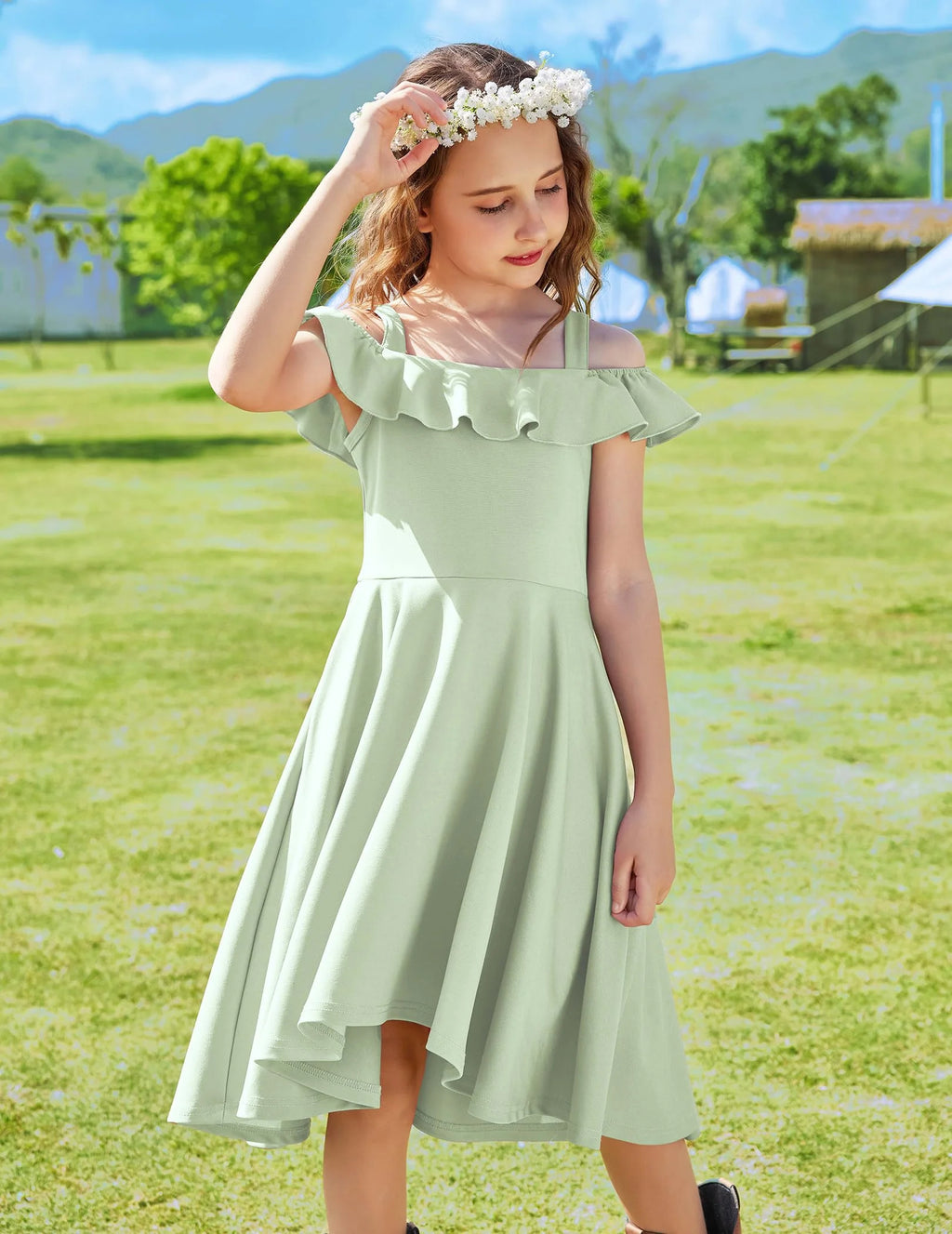 Oudiya Girls Off Shoulder Dress Flutter Sleeve Summer Midi Swing Dress with Pockets Formal Dress 4-13Y