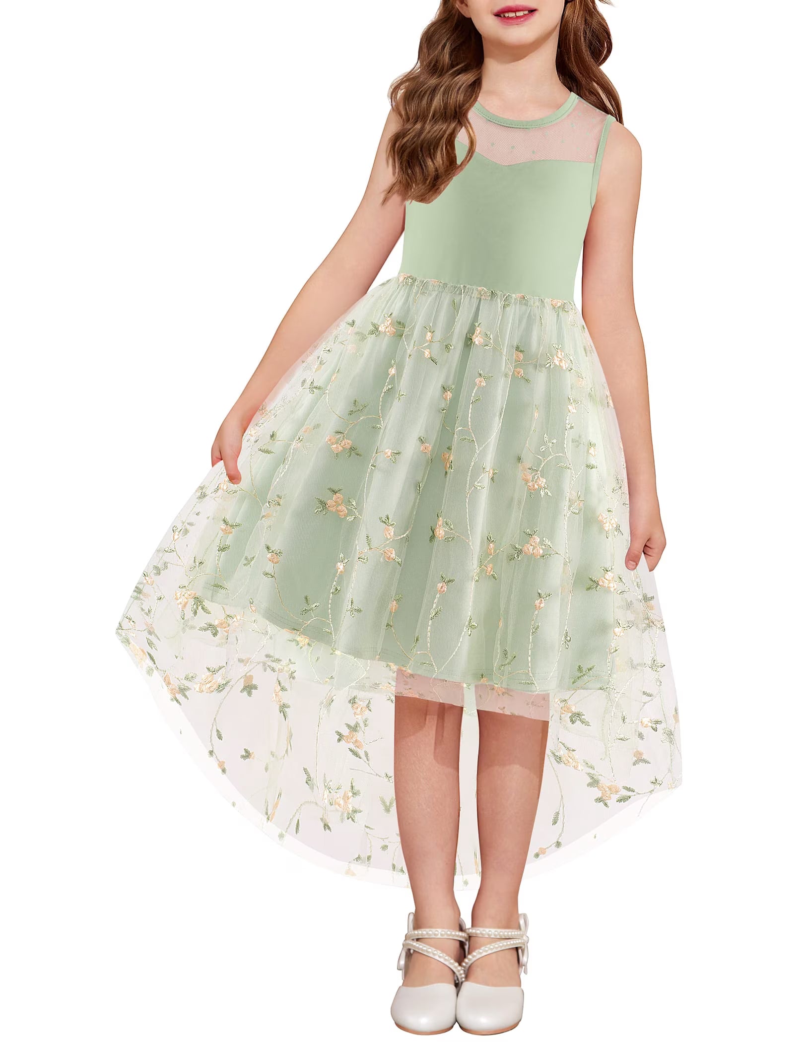 Oudiya Girls Formal Party Dresses Wedding Tulle Sleeveless Contrast Mesh High Low Flower Dress with Belt
