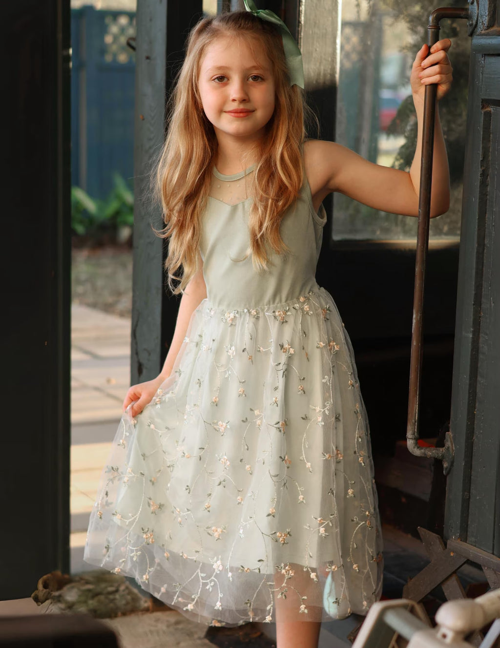 Oudiya Girls Formal Party Dresses Wedding Tulle Sleeveless Contrast Mesh High Low Flower Dress with Belt