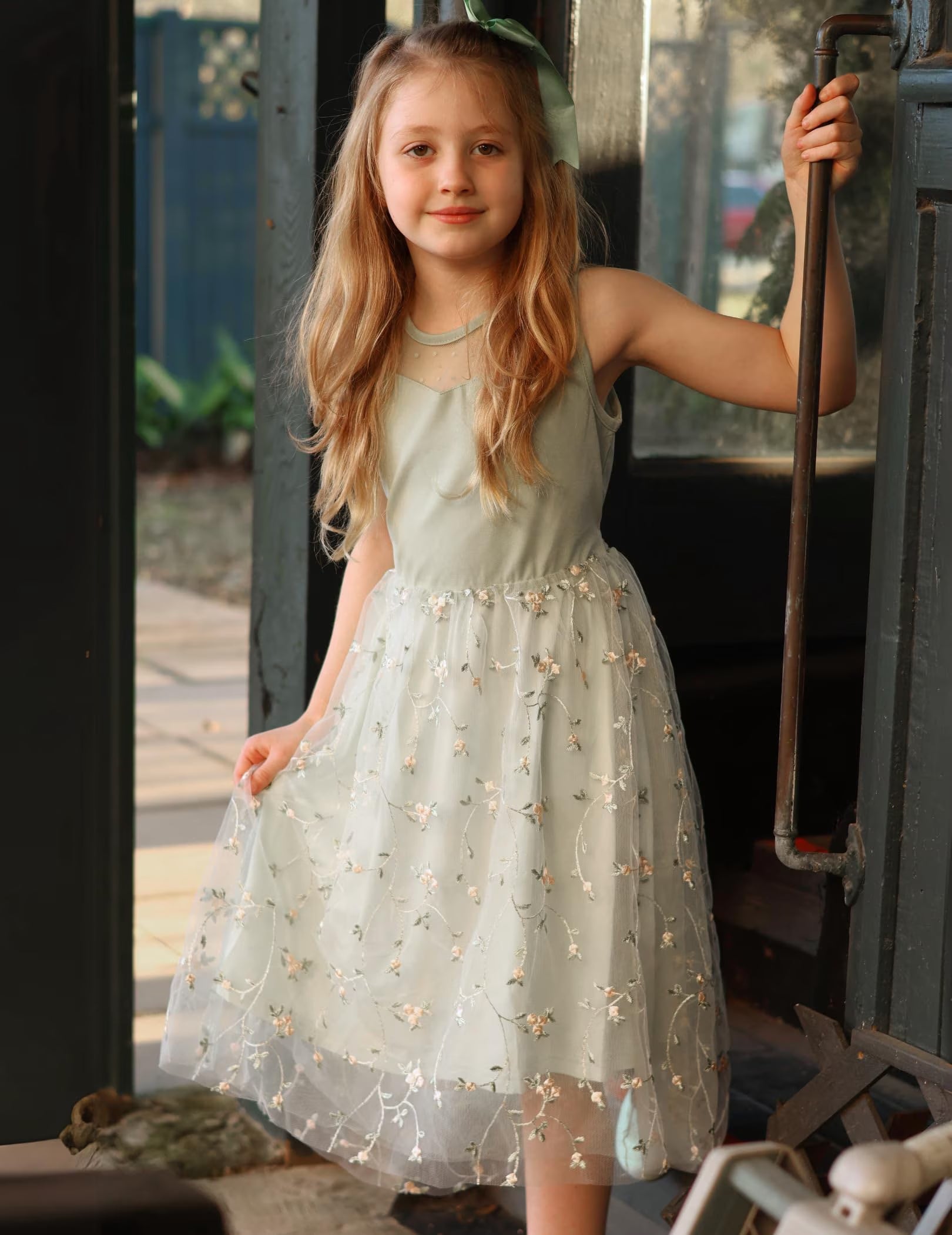 Oudiya Girls Formal Party Dresses Wedding Tulle Sleeveless Contrast Mesh High Low Flower Dress with Belt