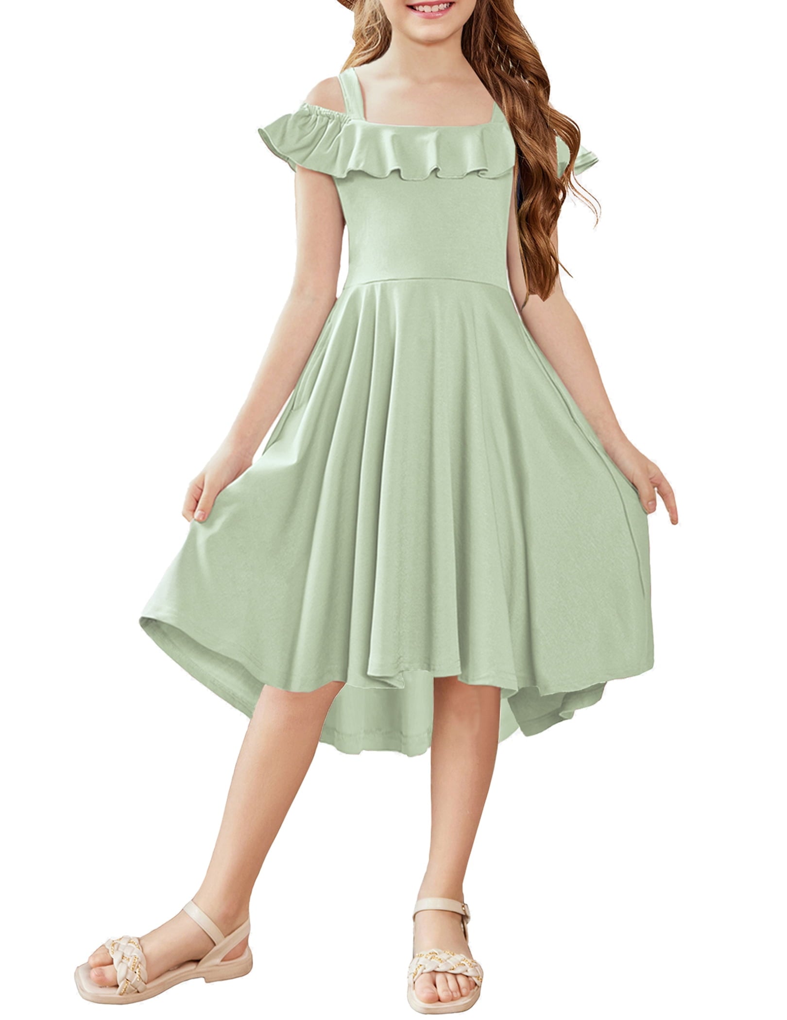 Oudiya Girls Off Shoulder Dress Flutter Sleeve Summer Midi Swing Dress with Pockets Formal Dress 4-13Y