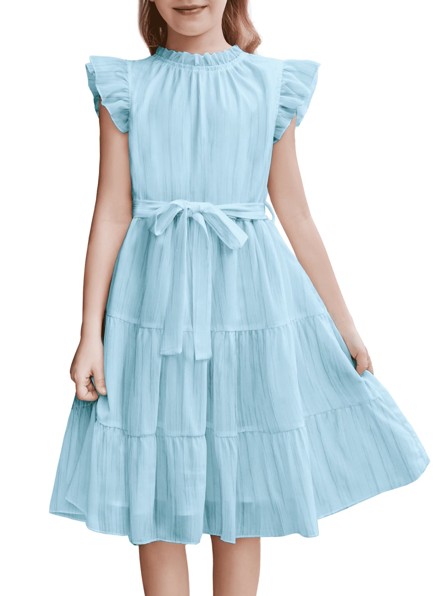Oudiya Tween Girls Spring Dress Casual Ruffle Sleeve with Belt A Line Formal Elegant Party Dresses for Kids 5-16Y