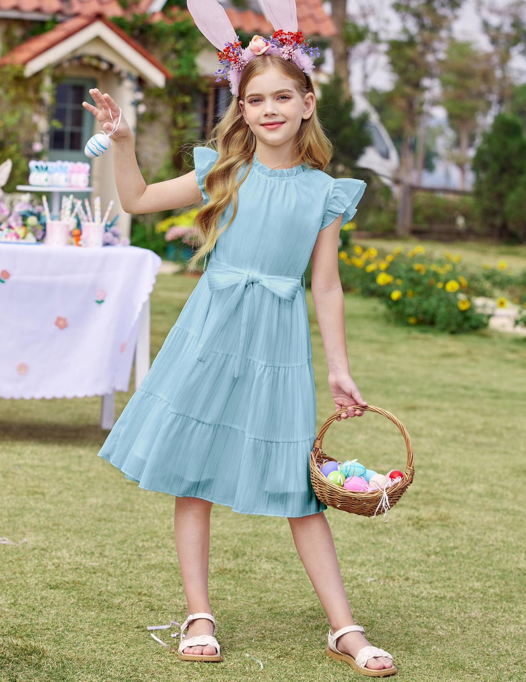 Oudiya Tween Girls Spring Dress Casual Ruffle Sleeve with Belt A Line Formal Elegant Party Dresses for Kids 5-16Y