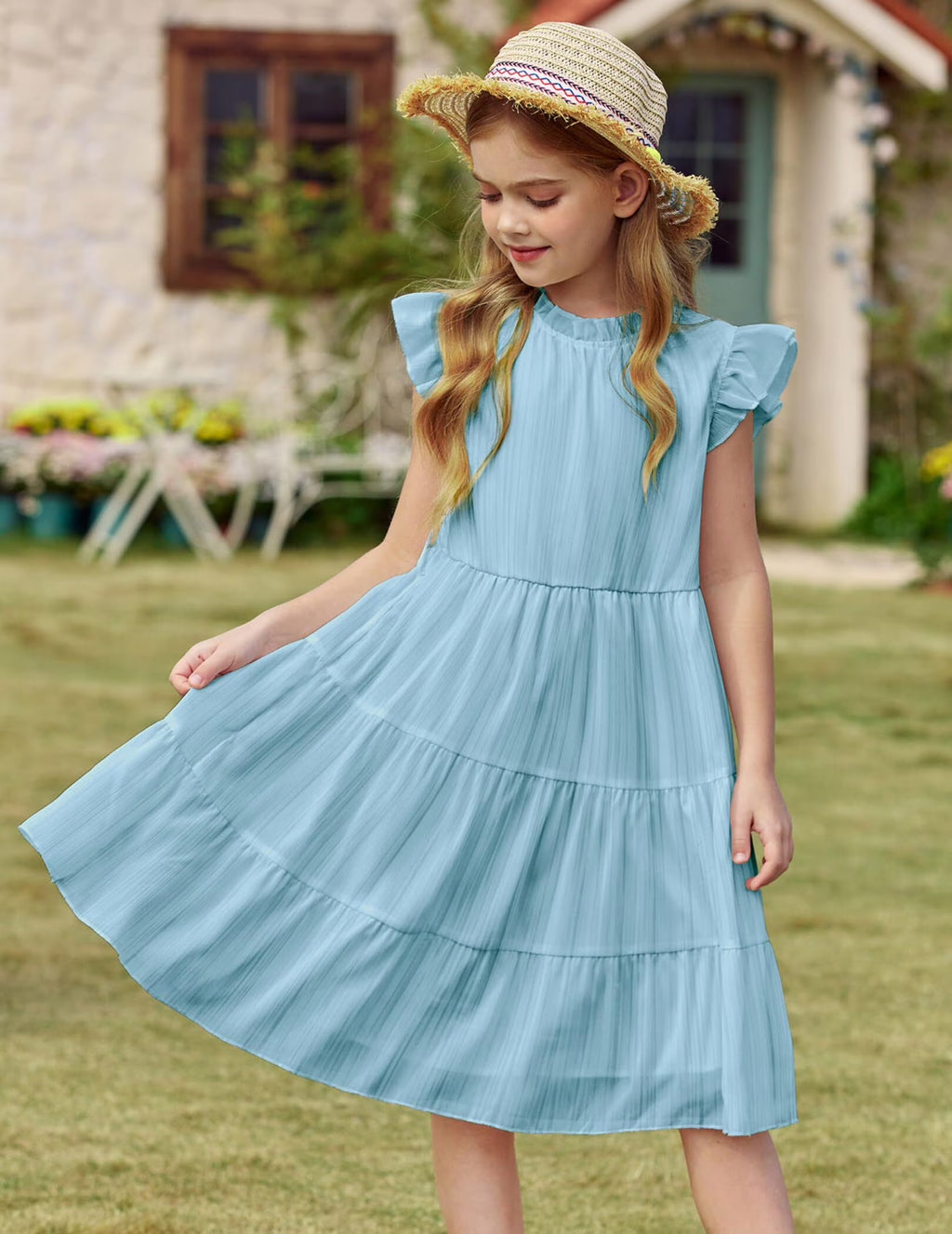 Oudiya Tween Girls Spring Dress Casual Ruffle Sleeve with Belt A Line Formal Elegant Party Dresses for Kids 5-16Y