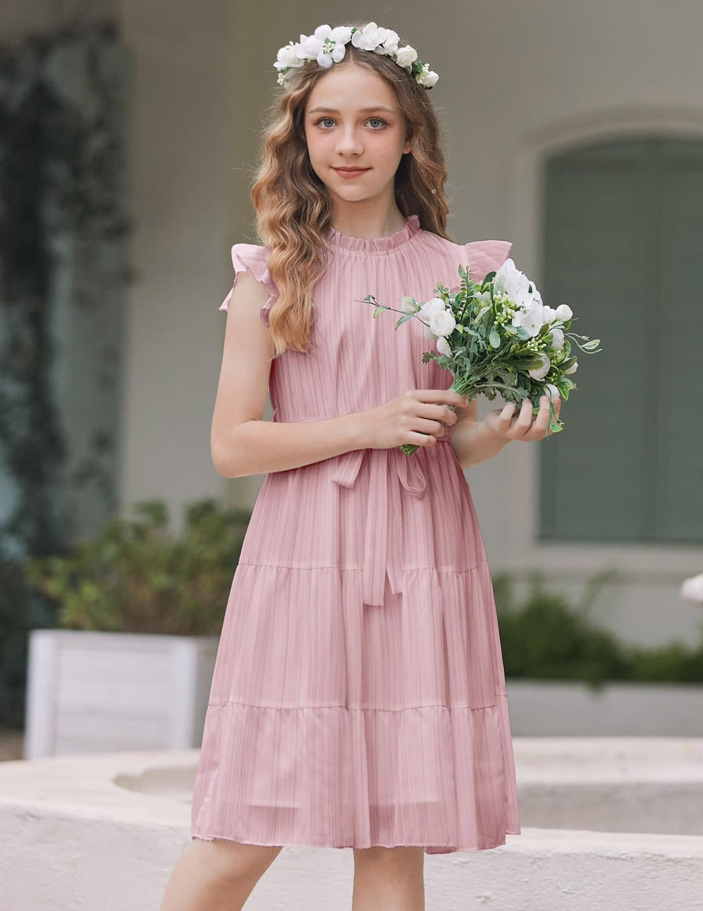 Oudiya Tween Girls Spring Dress Casual Ruffle Sleeve with Belt A Line Formal Elegant Party Dresses for Kids 5-16Y