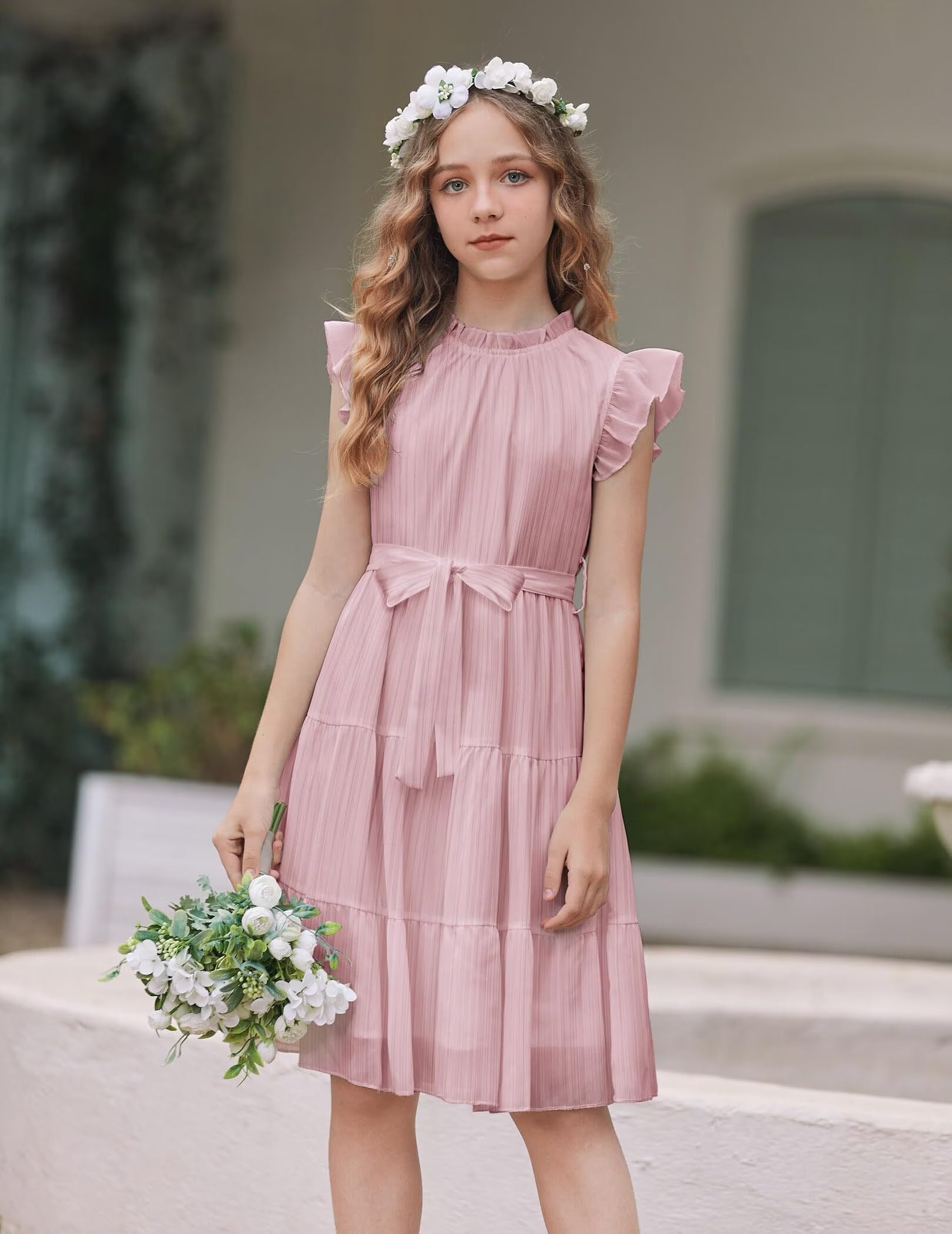 Oudiya Tween Girls Spring Dress Casual Ruffle Sleeve with Belt A Line Formal Elegant Party Dresses for Kids 5-16Y