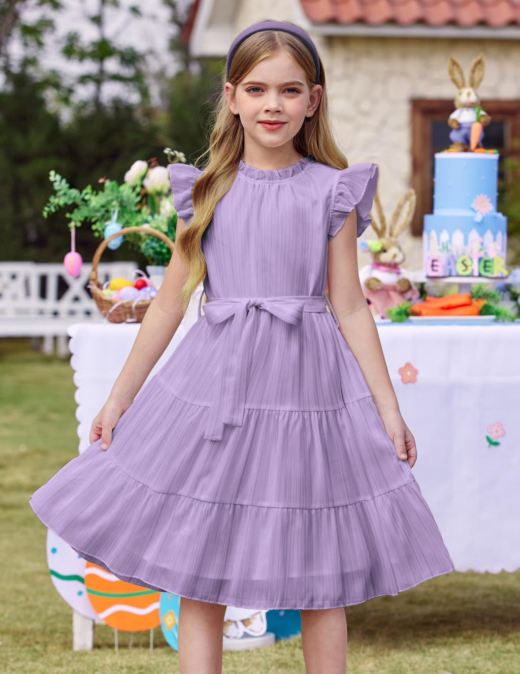 Oudiya Tween Girls Spring Dress Casual Ruffle Sleeve with Belt A Line Formal Elegant Party Dresses for Kids 5-16Y