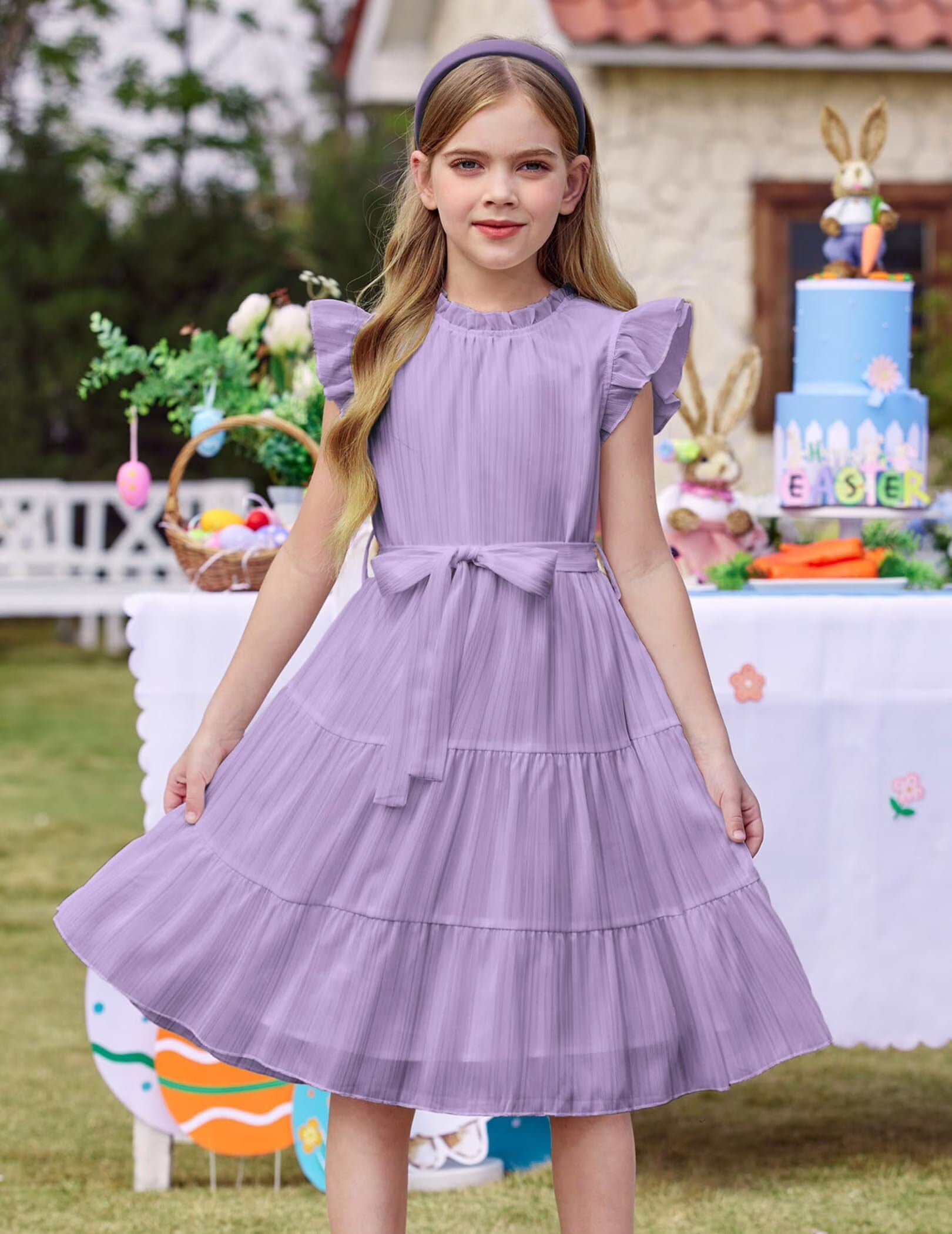 Oudiya Tween Girls Spring Dress Casual Ruffle Sleeve with Belt A Line Formal Elegant Party Dresses for Kids 5-16Y