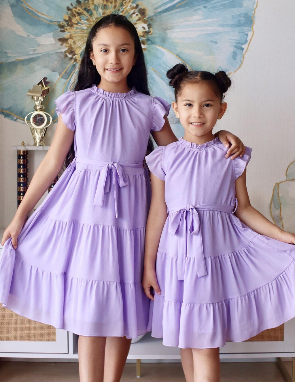 Oudiya Tween Girls Spring Dress Casual Ruffle Sleeve with Belt A Line Formal Elegant Party Dresses for Kids 5-16Y