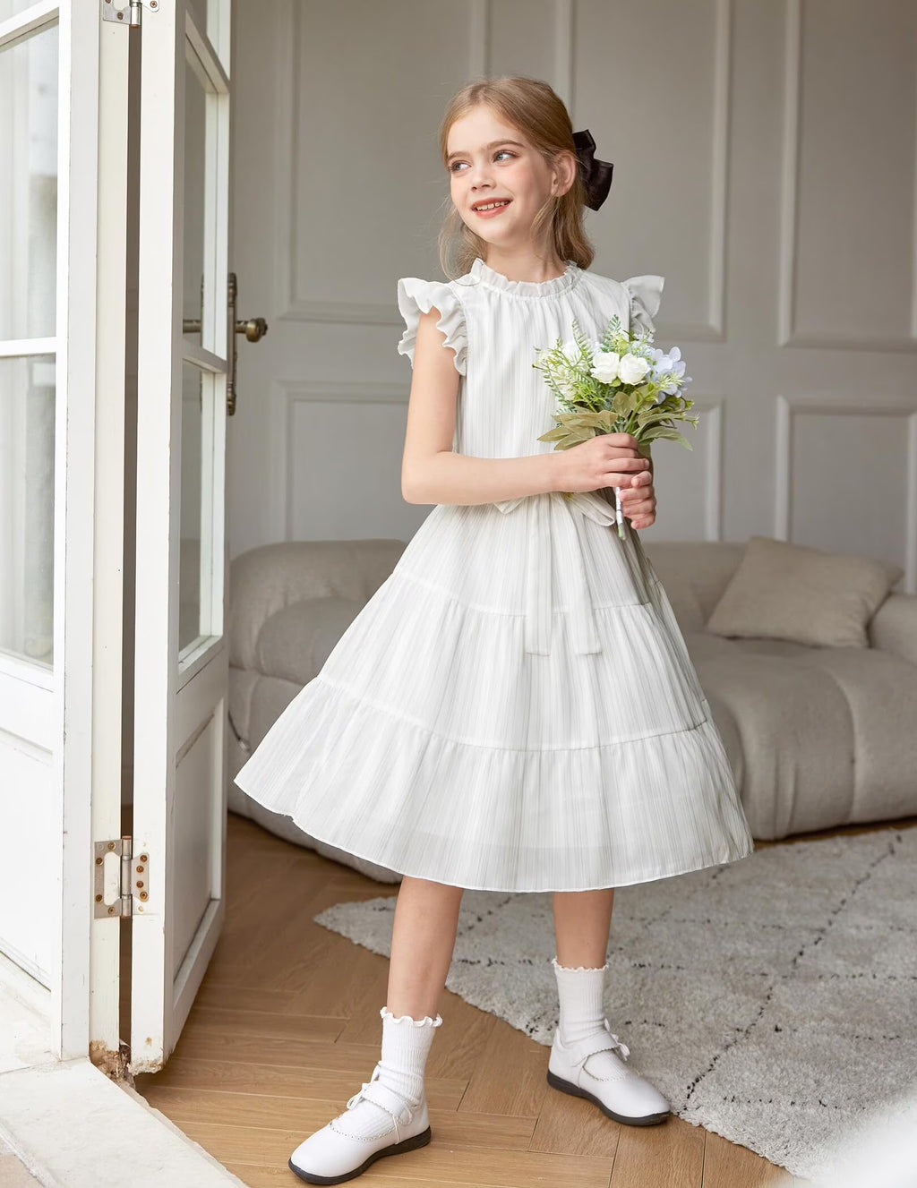 Oudiya Tween Girls Spring Dress Casual Ruffle Sleeve with Belt A Line Formal Elegant Party Dresses for Kids 5-16Y
