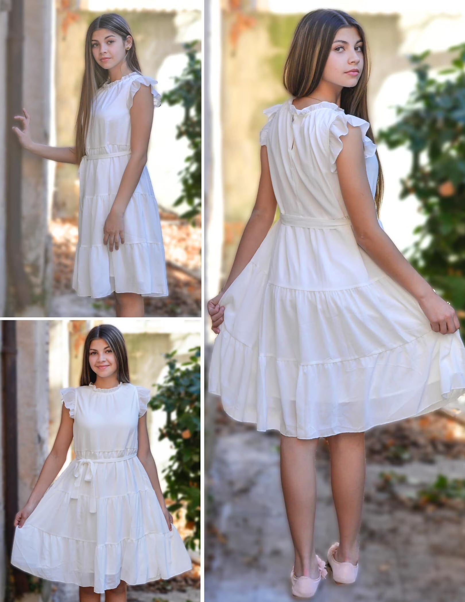 Oudiya Tween Girls Spring Dress Casual Ruffle Sleeve with Belt A Line Formal Elegant Party Dresses for Kids 5-16Y