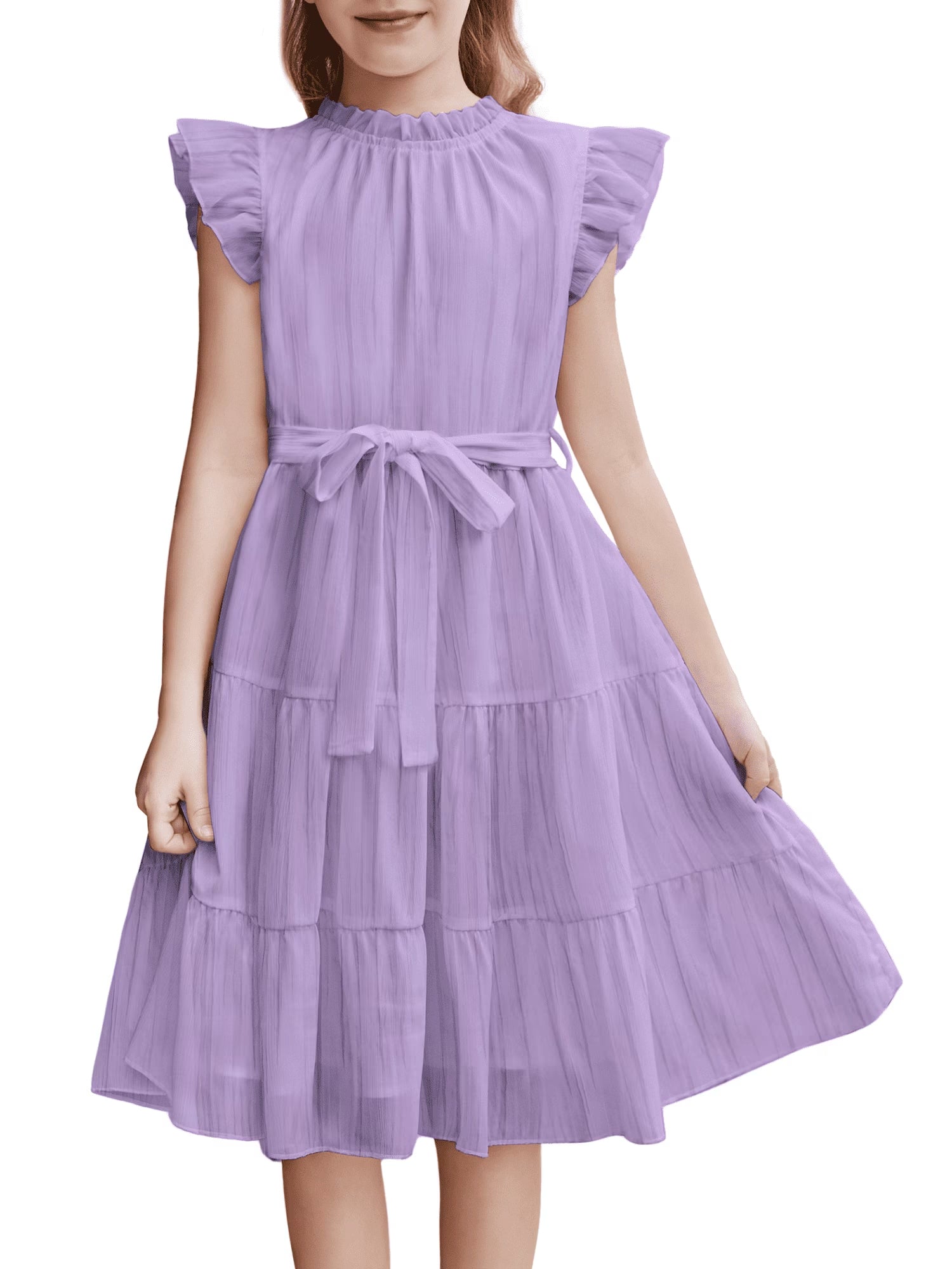Oudiya Tween Girls Spring Dress Casual Ruffle Sleeve with Belt A Line Formal Elegant Party Dresses for Kids 5-16Y