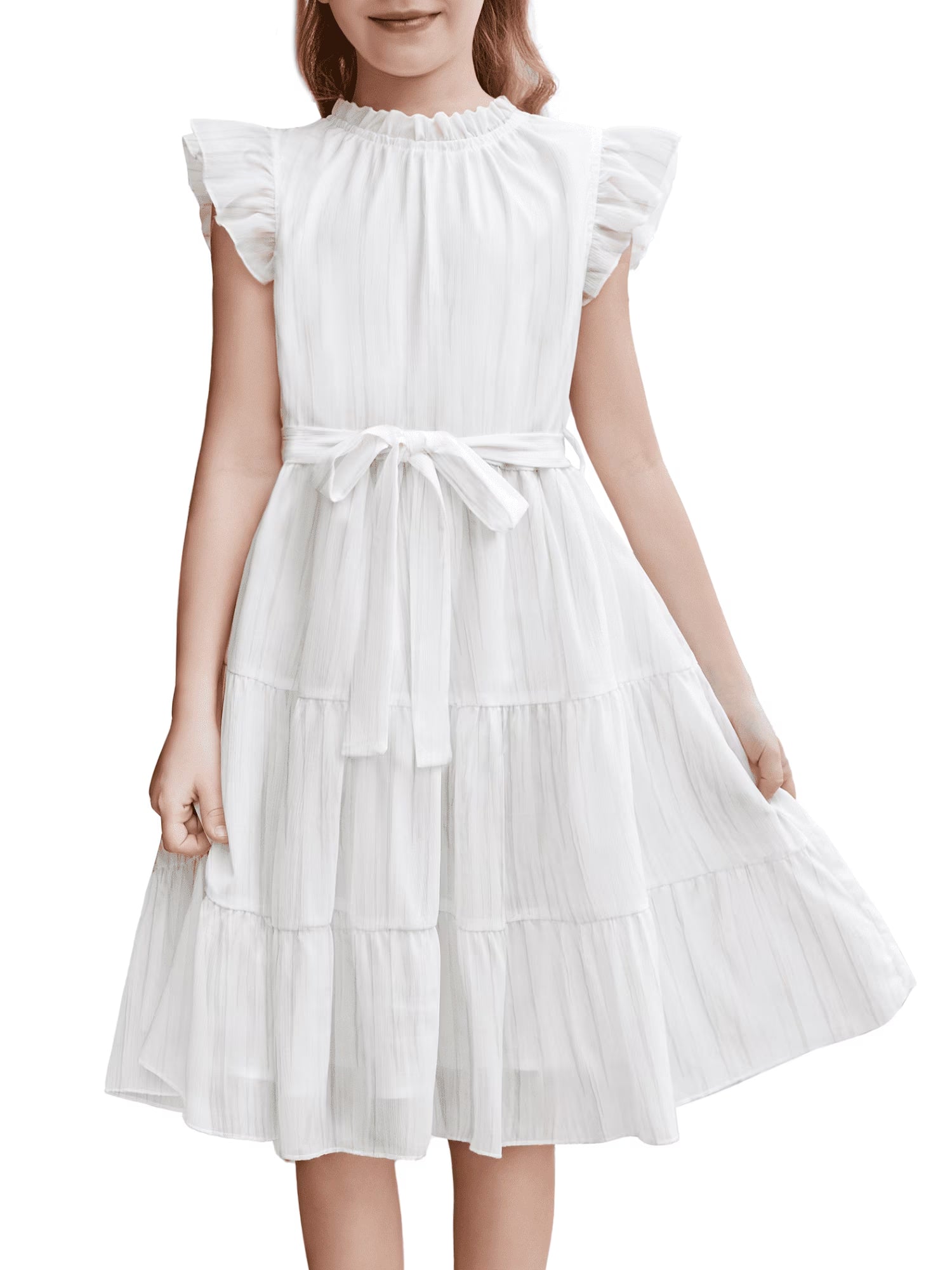 Oudiya Tween Girls Spring Dress Casual Ruffle Sleeve with Belt A Line Formal Elegant Party Dresses for Kids 5-16Y
