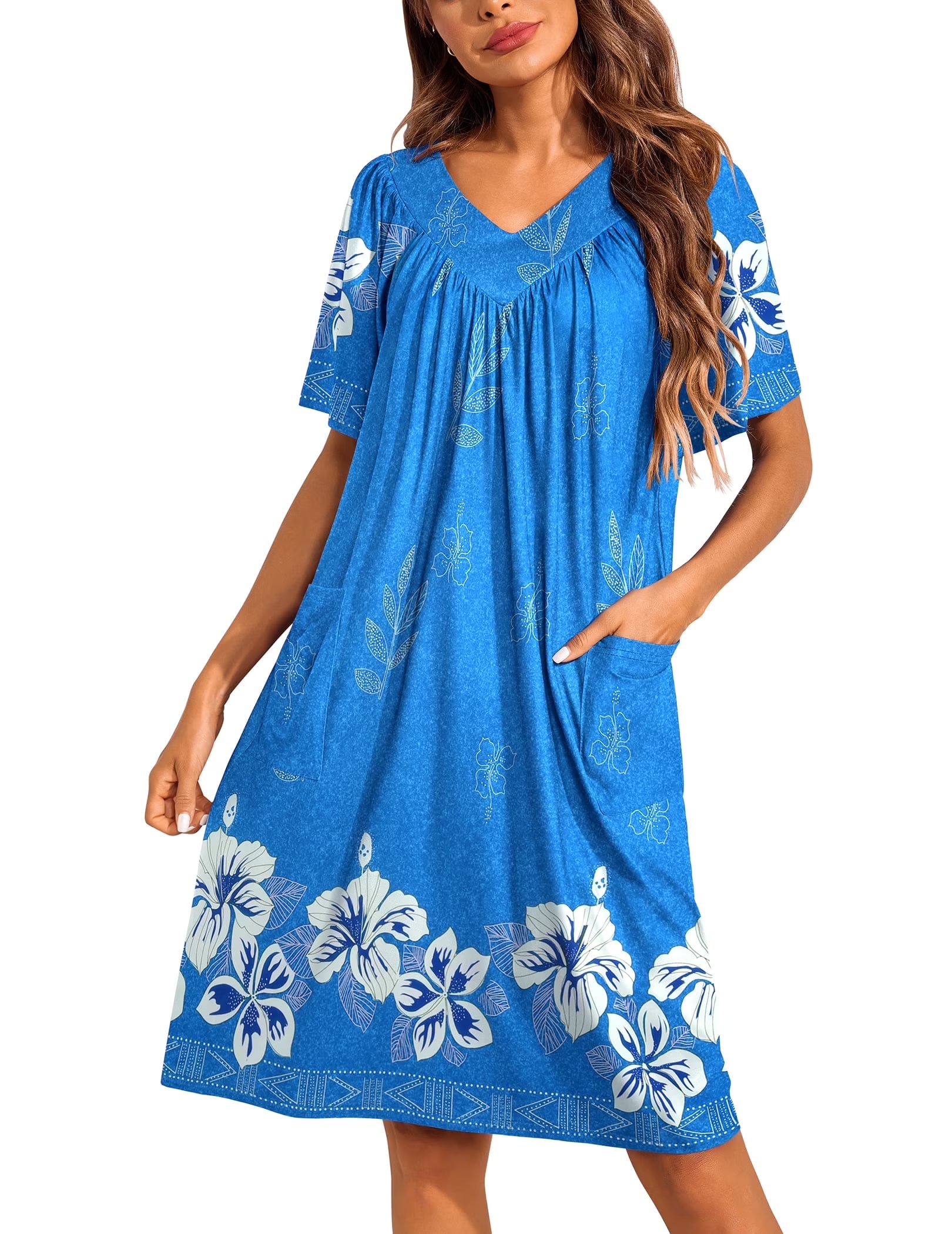 Oudiya Womens Mumus House Dress Floral Print Short Sleeve Nightgowns Moomoo Dresses with Pockets