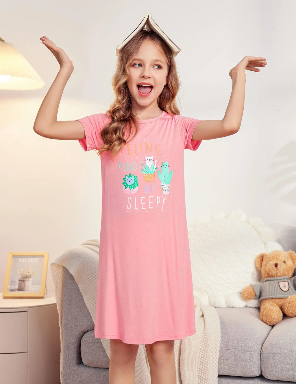 Oudiya Girls Short Sleeve Nightgowns Soft Print Pajamas Sleepwear Nighties for Kids 4-12