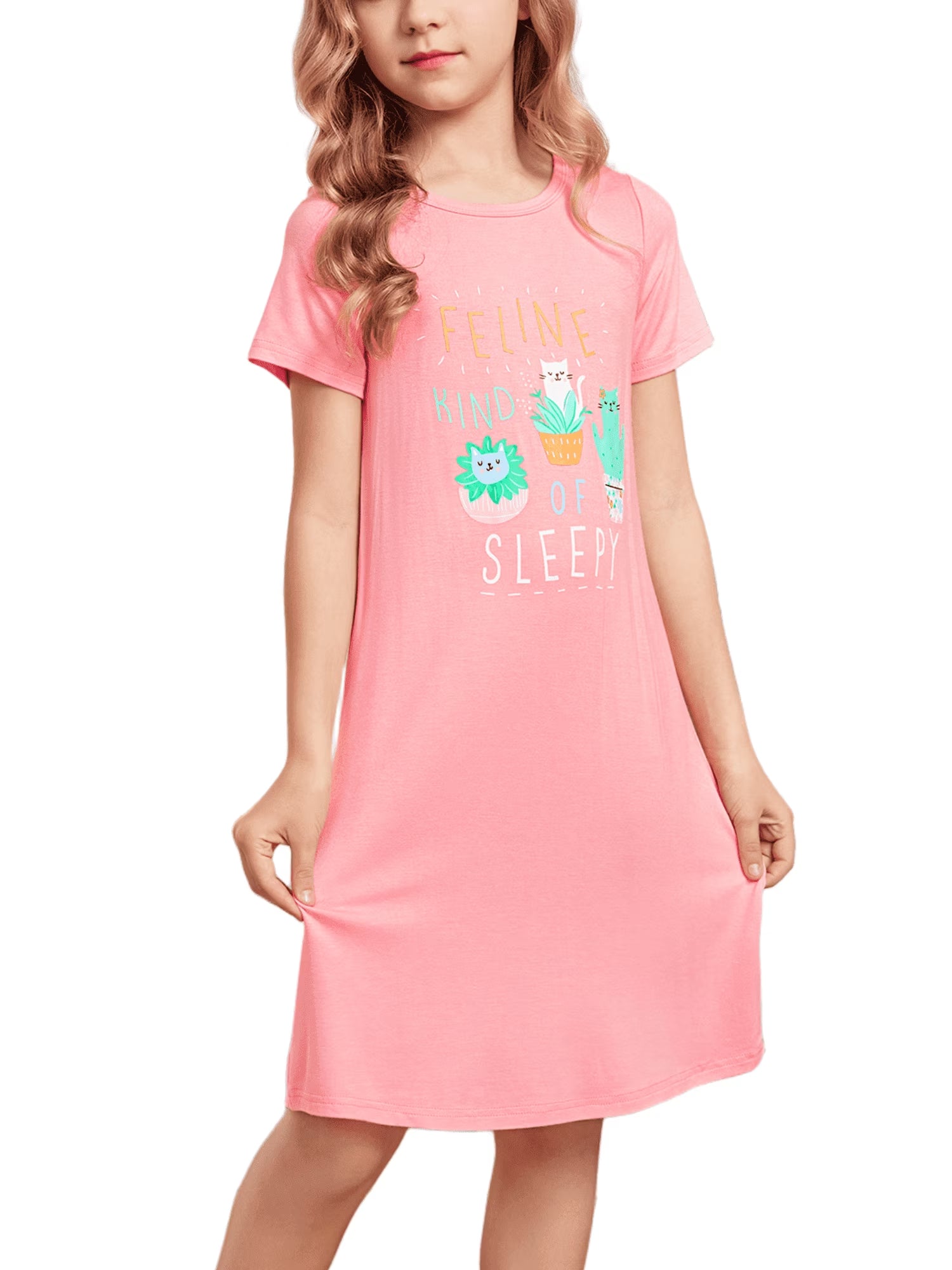 Oudiya Girls Short Sleeve Nightgowns Soft Print Pajamas Sleepwear Nighties for Kids 4-12