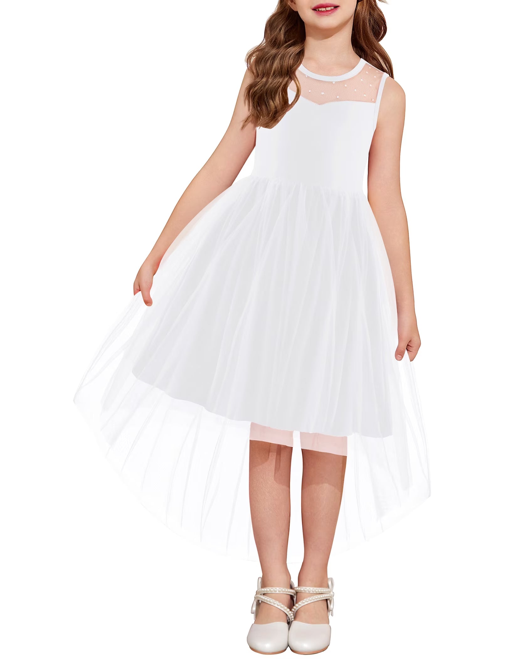 Oudiya Girls Formal Party Dresses Wedding Tulle Sleeveless Contrast Mesh High Low Flower Dress with Belt
