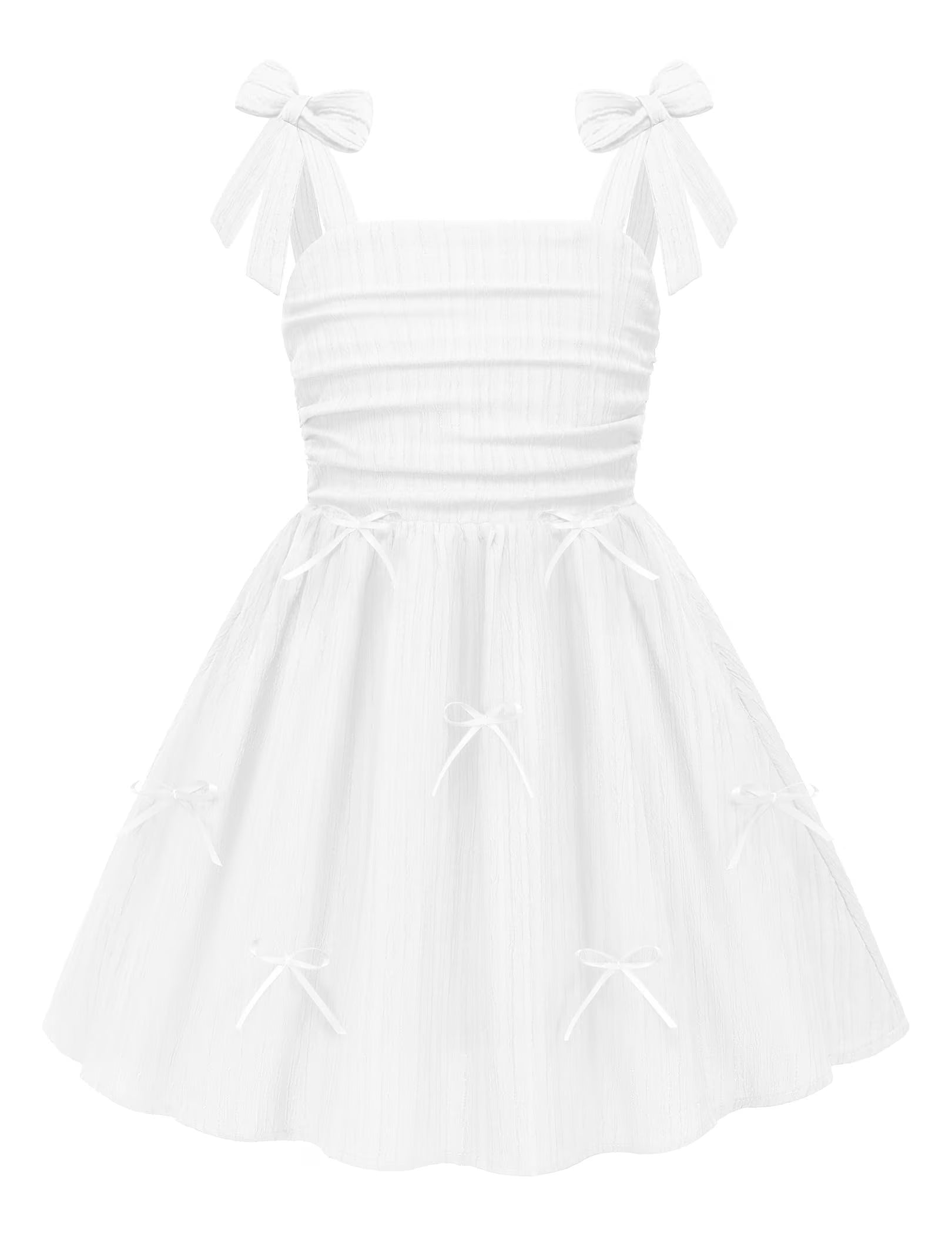 Oudiya Girls Summer Dreeses Spaghetti Strap Bow Ruched Smocked Back Boho Beach Party Sundress, 4-14Y