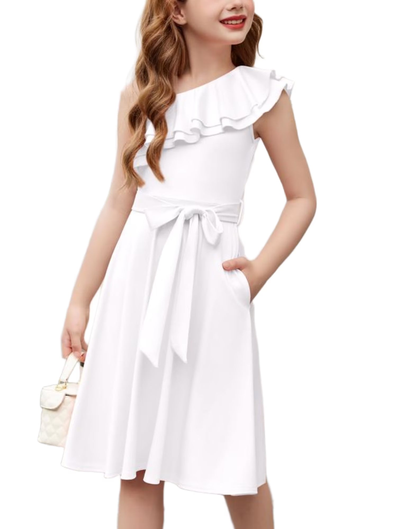 Oudiya Girls One Shoulder Dress Formal Ruffle Trim Birthday Party Dresses with Belted Pockets for Kids 5-12Y