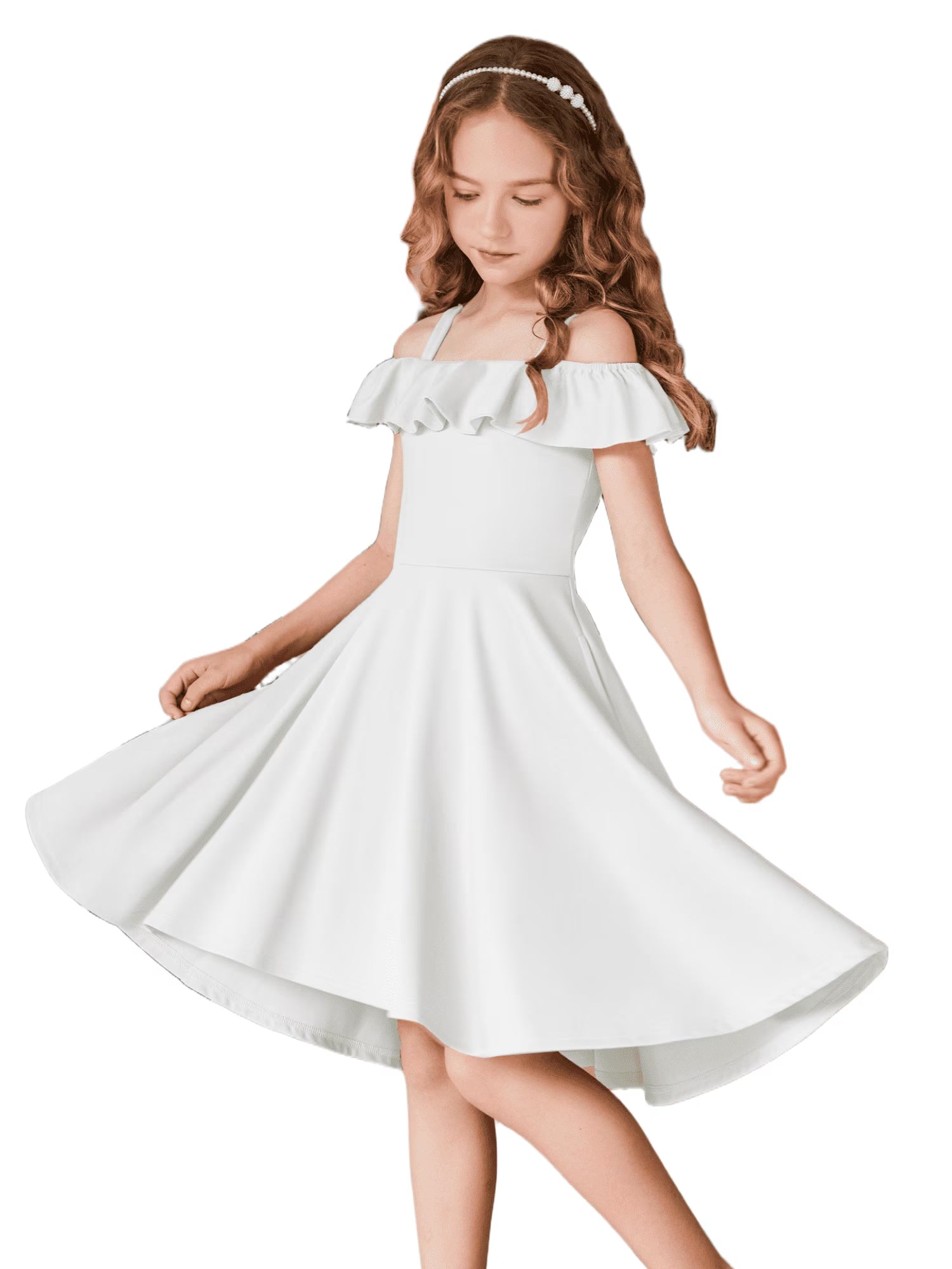 Oudiya Girls Off Shoulder Dress Flutter Sleeve Summer Midi Swing Dress with Pockets Formal Dress 4-13Y