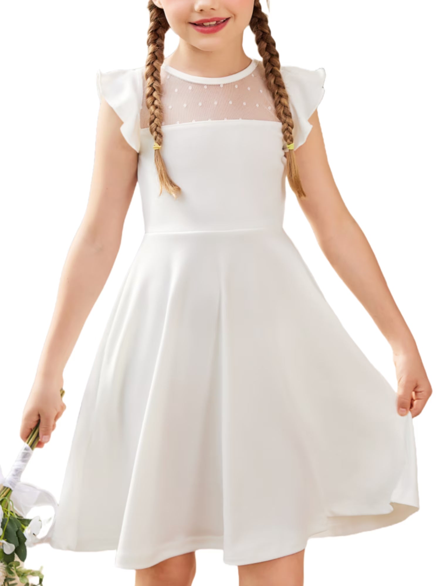 Oudiya Girls Summer Dress Ruffle Sleeve Mesh A Line Casual Party Dresses with Pockets 6-13 Y