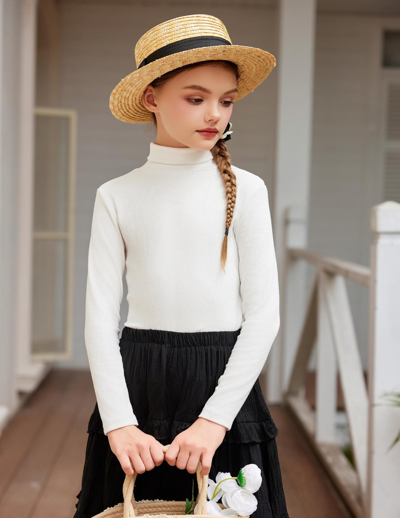 Oudiya Girls Sweater Turtleneck Long Sleeve Knit Shirt Pullover Tops for Kids 6-14Y