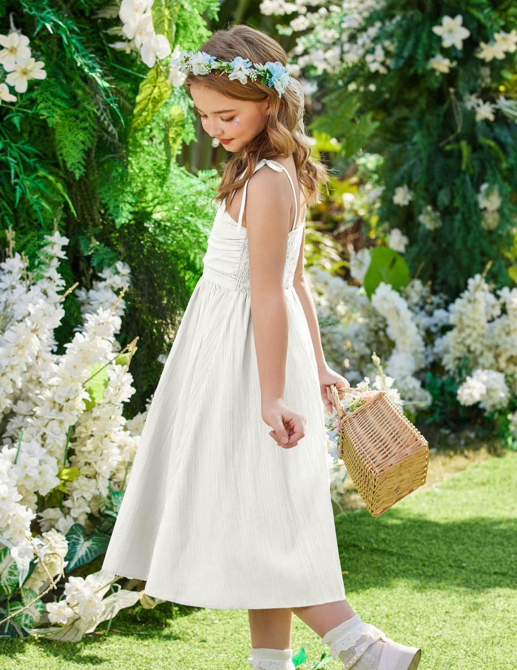 Oudiya Girls Summer Dress Maxi Spaghetti Strap Ruched Flowy Beach Boho Casual Teen Girl Party Sundress 6-14Y