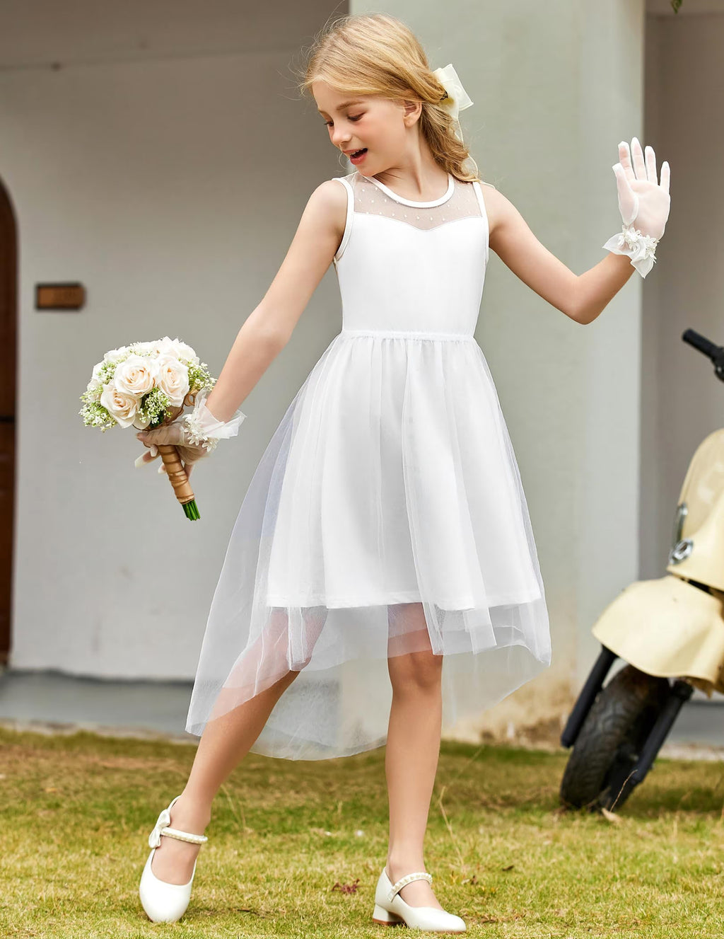 Oudiya Girls Formal Party Dresses Wedding Tulle Sleeveless Contrast Mesh High Low Flower Dress with Belt