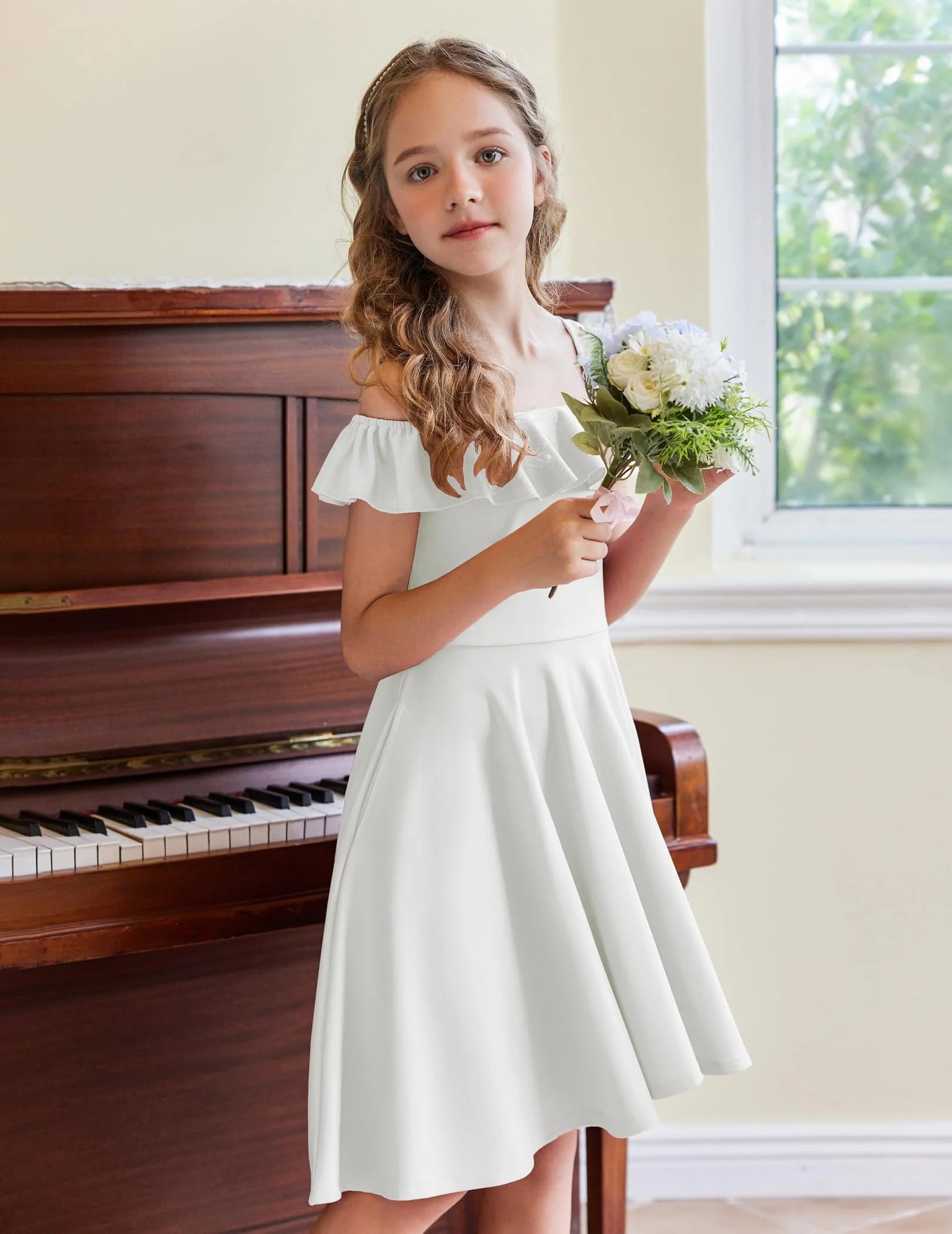 Oudiya Girls Off Shoulder Dress Flutter Sleeve Summer Midi Swing Dress with Pockets Formal Dress 4-13Y
