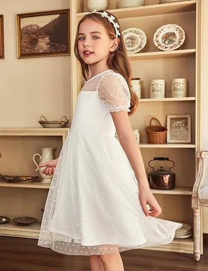 Oudiya Girls Contrast Mesh Short Sleeve Dress Puffy Casual A Line Party Dress for Kids 3-12Y