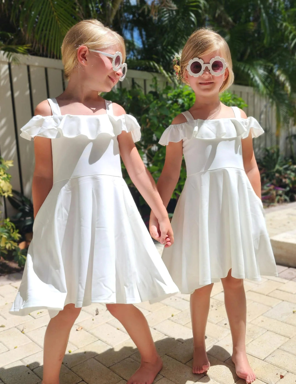 Oudiya Girls Off Shoulder Dress Flutter Sleeve Summer Midi Swing Dress with Pockets Formal Dress 4-13Y