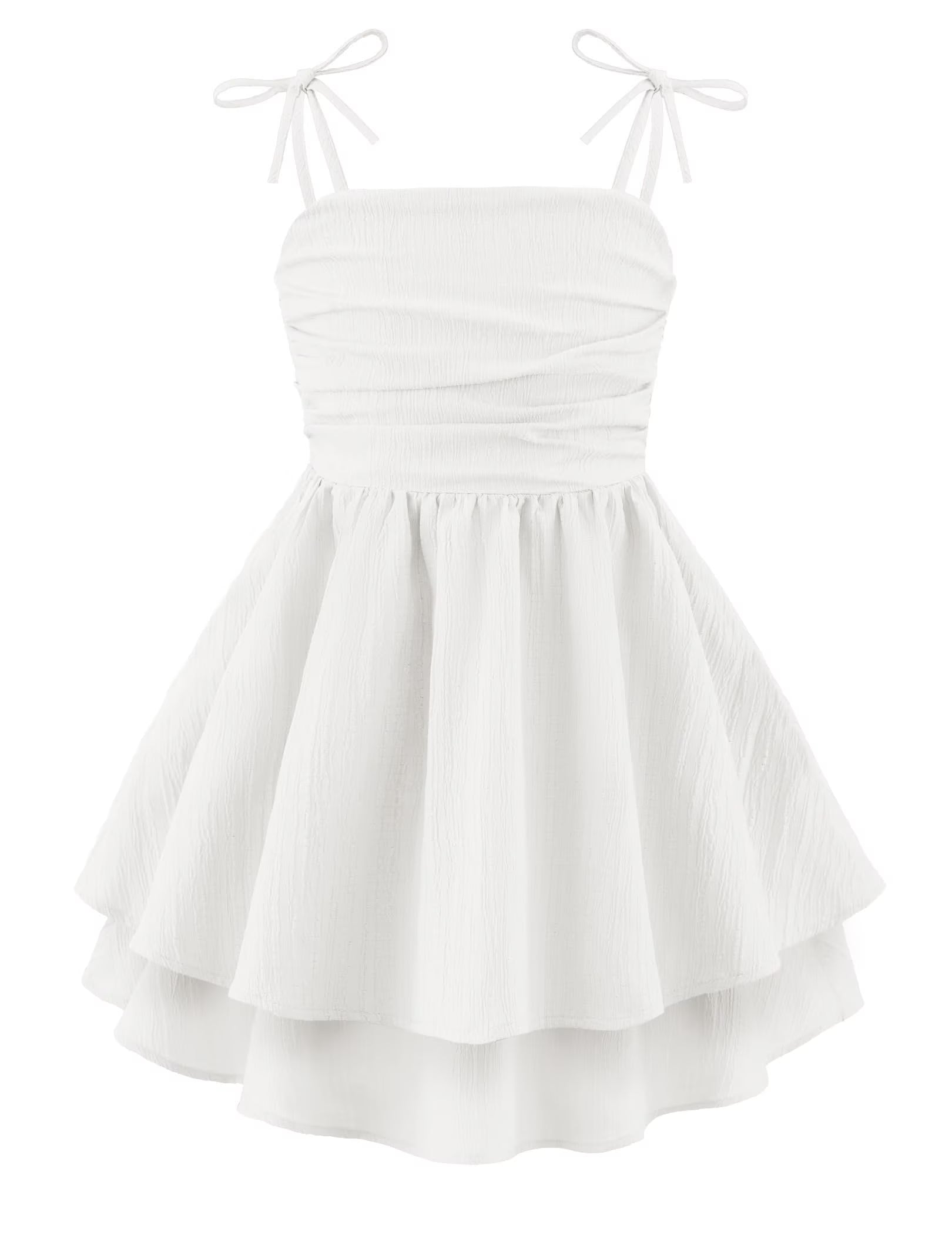 Oudiya Girls Summer Blue Dresses Spaghetti Strap Flowy Tiered Ruched Smocked Back Casual Beach Midi Easter Sundress,6-14Y