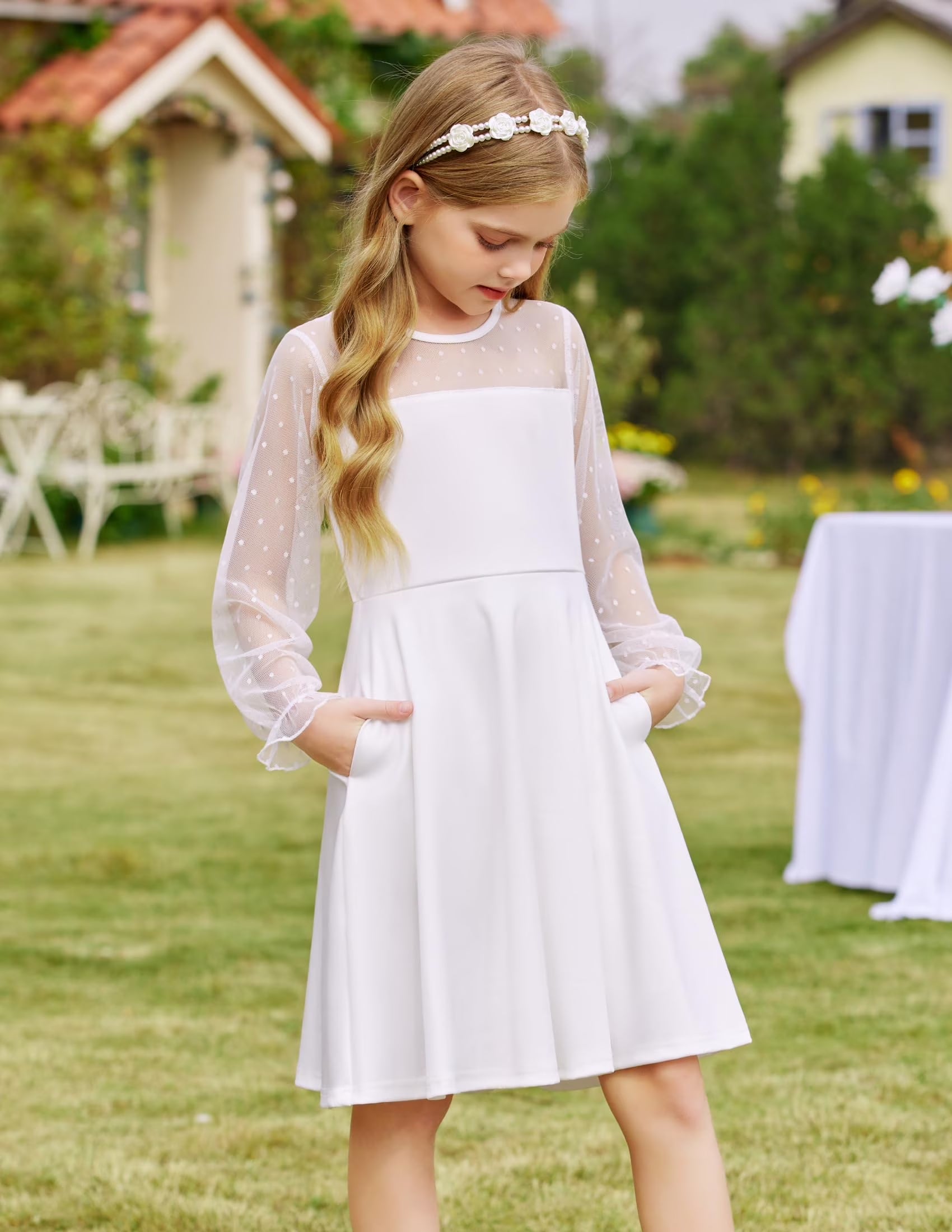 Oudiya Girls Mesh Puff Lantern Long Sleeve High Waist Formal A Line Dress with Pockets for Kids 6-16 Years
