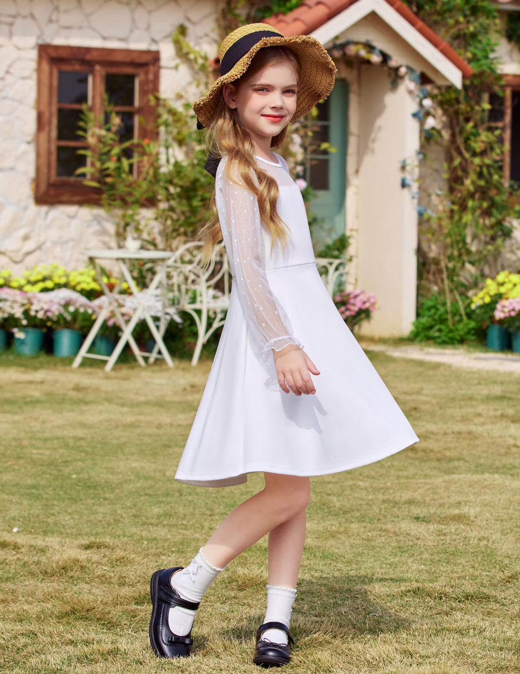 Oudiya Girls Mesh Puff Lantern Long Sleeve High Waist Formal A Line Dress with Pockets for Kids 6-16 Years