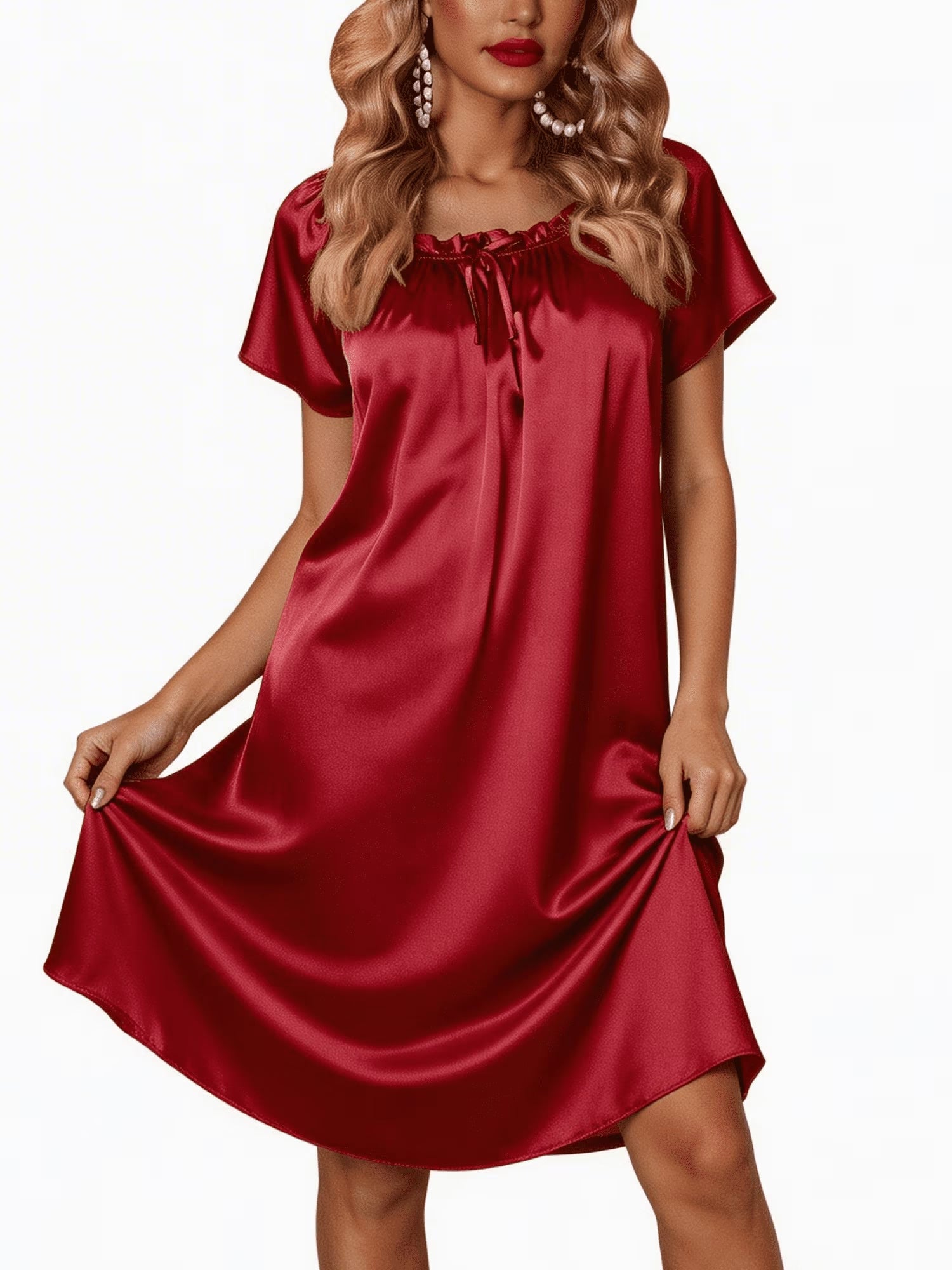 Oudiya Women Satin Silk Nightgown Pleated Loose Sleepwear Printed Nightshirt Short Sleeve Sleep Dress, S-4XL