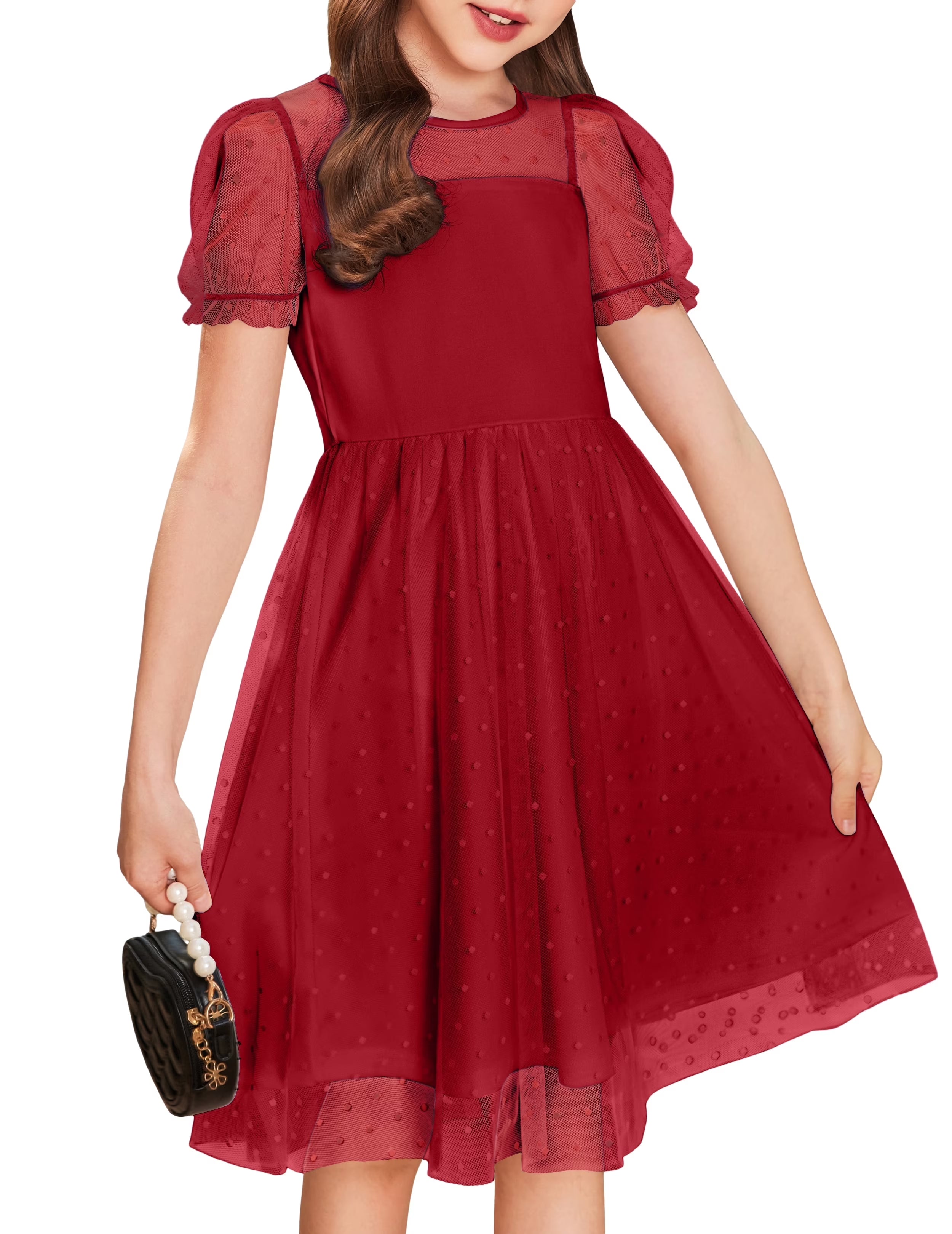 Oudiya Girls Contrast Mesh Short Sleeve Dress Puffy Casual A Line Party Dress for Kids 3-12Y
