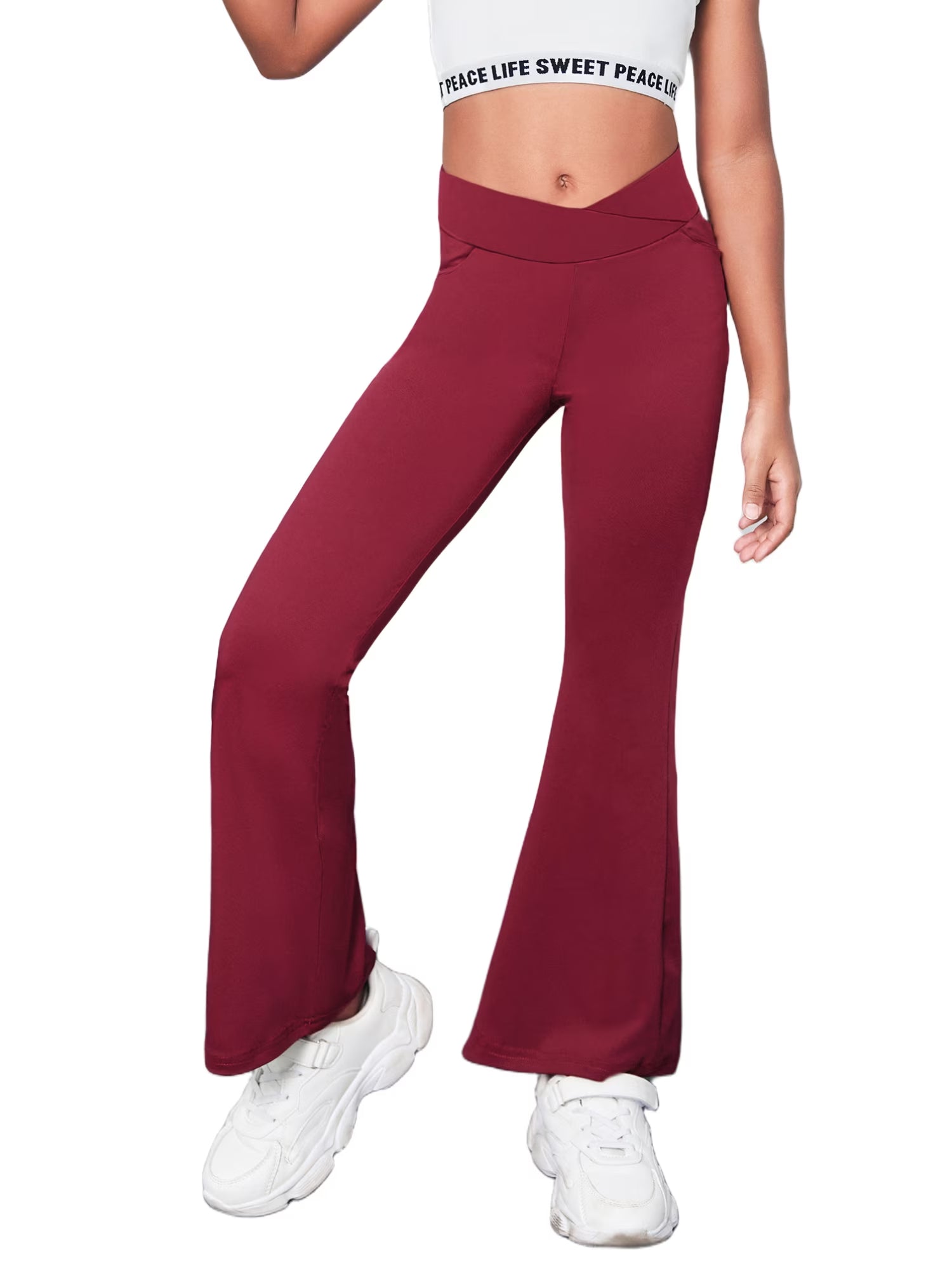 Oudiya Girls Flare Leggings High Waisted Casual V Crossover Pants Yoga Bell Bottoms with Pockets for Kids 5-14Y