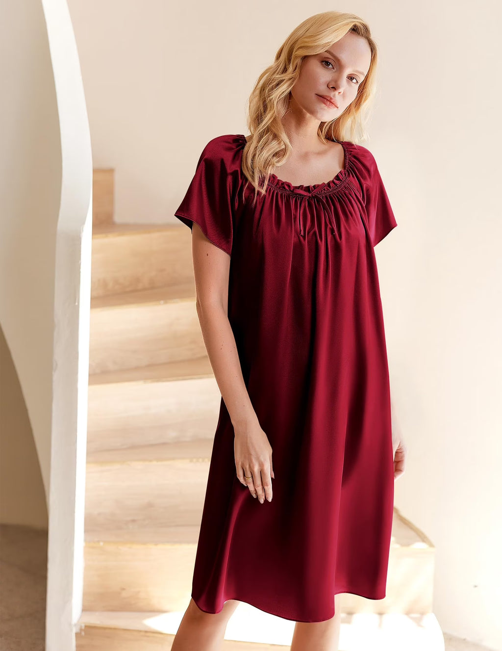 Oudiya Women Satin Silk Nightgown Pleated Loose Sleepwear Printed Nightshirt Short Sleeve Sleep Dress, S-4XL