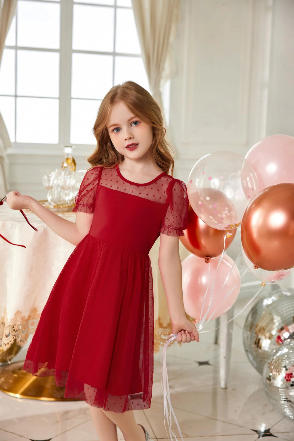 Oudiya Girls Contrast Mesh Short Sleeve Dress Puffy Casual A Line Party Dress for Kids 3-12Y