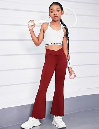 Oudiya Girls Flare Leggings High Waisted Casual V Crossover Pants Yoga Bell Bottoms with Pockets for Kids 5-14Y