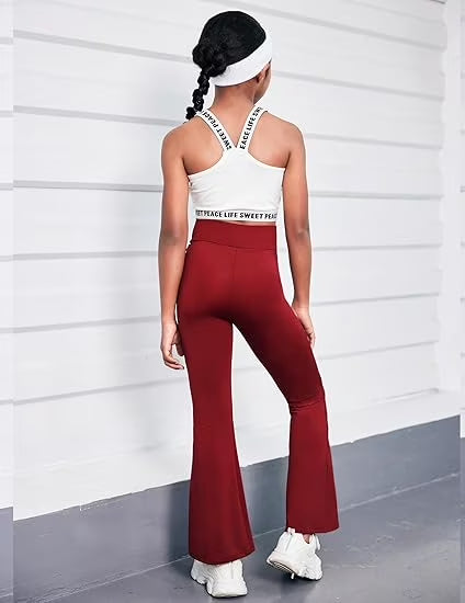 Oudiya Girls Flare Leggings High Waisted Casual V Crossover Pants Yoga Bell Bottoms with Pockets for Kids 5-14Y