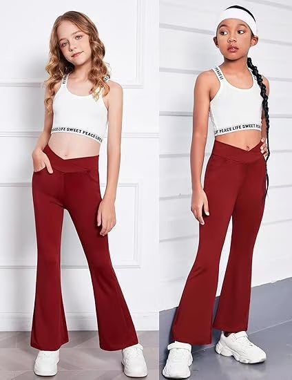 Oudiya Girls Flare Leggings High Waisted Casual V Crossover Pants Yoga Bell Bottoms with Pockets for Kids 5-14Y