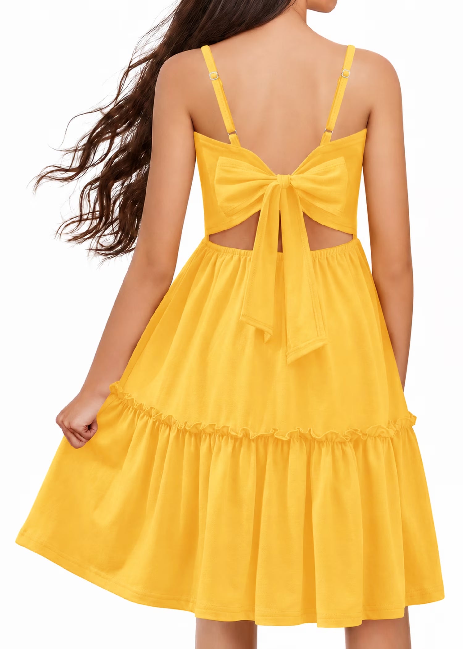 Oudiya Girls Spaghetti Strap Tie Back Dress Ruffle Hem Summer Beach Casual Sundress with Pockets, 6-14Y