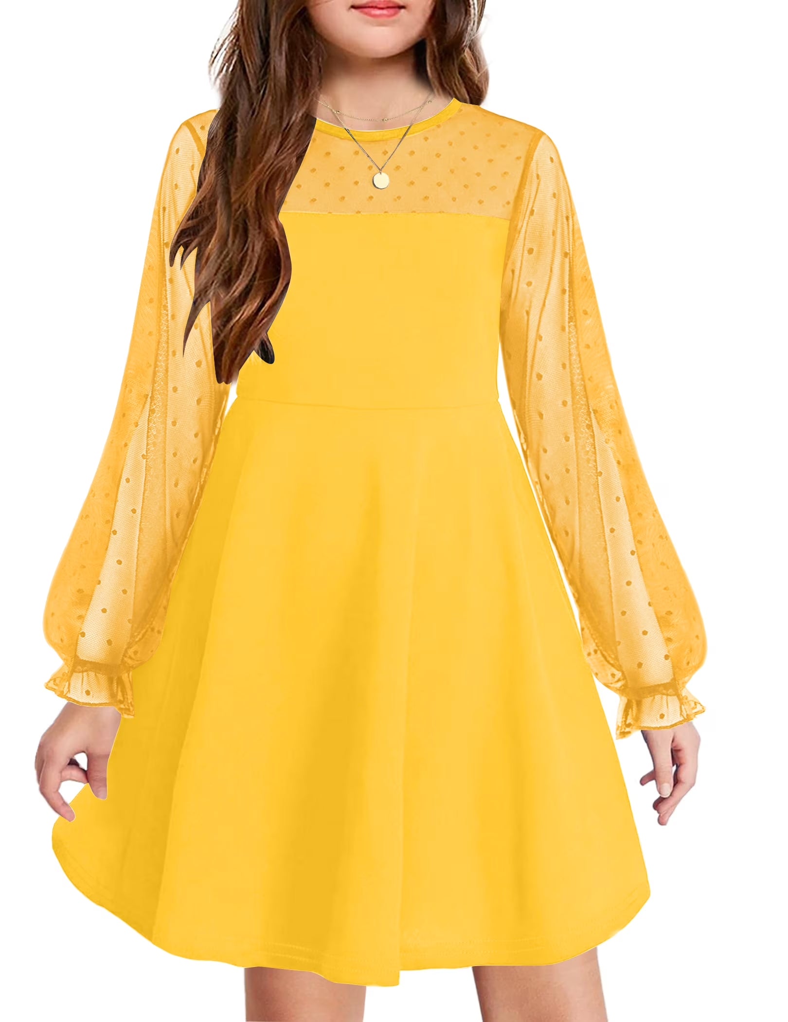 Oudiya Girls Mesh Puff Lantern Long Sleeve High Waist Easter Formal A Line Dress with Pockets for Kids 6-16 Years